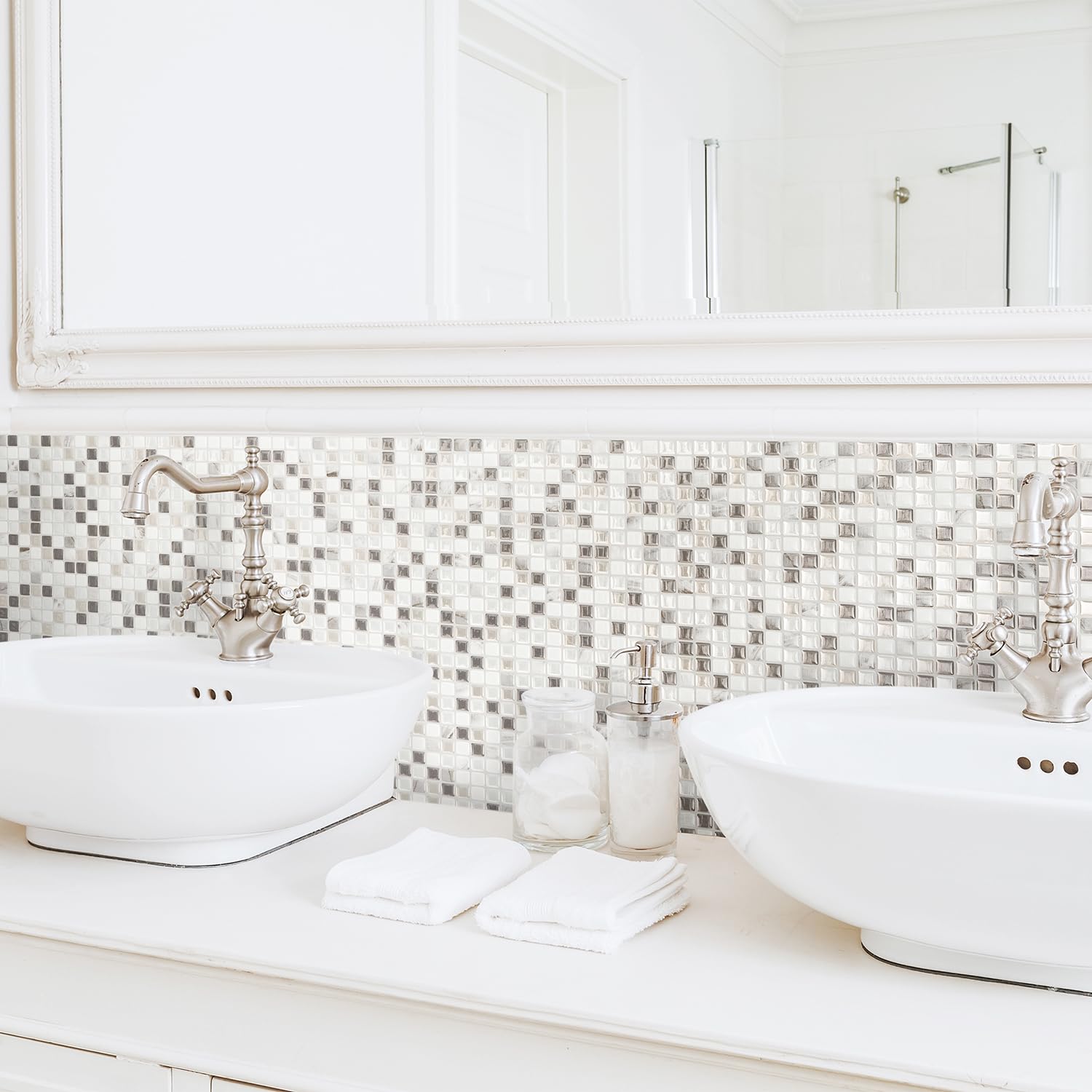 Smart Tiles Crédence adhésive pour cuisine et salle de bain, sticker carrelage mural, carreaux beige, gris et blanc autocollants, lot de 5 feuilles, 25,91 x 23,11 cm