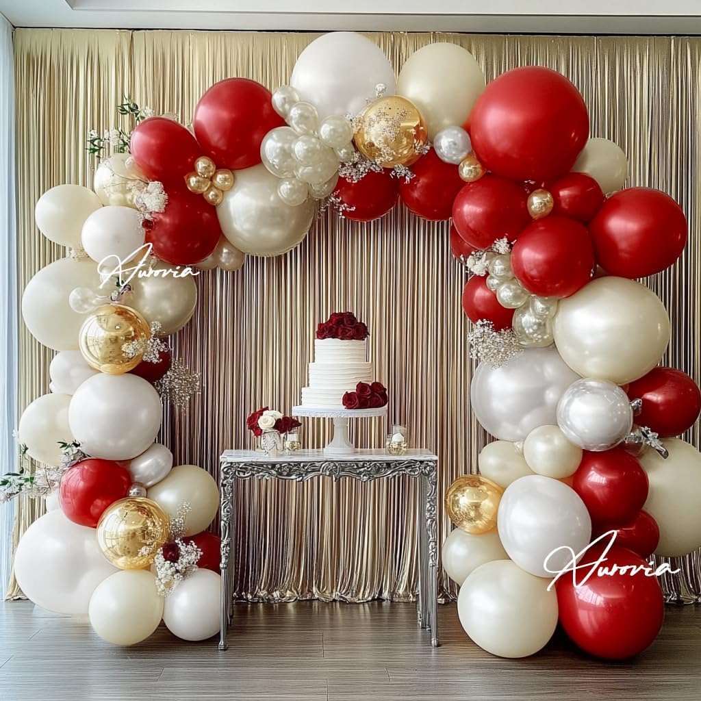 Red White Gold Garland Double Stuffed Ruby Red Pearl White Different Sizes 18In 12In 5In Balloon Arch Kit For Baby Shower Gender Reveal Birthday Party Decorations