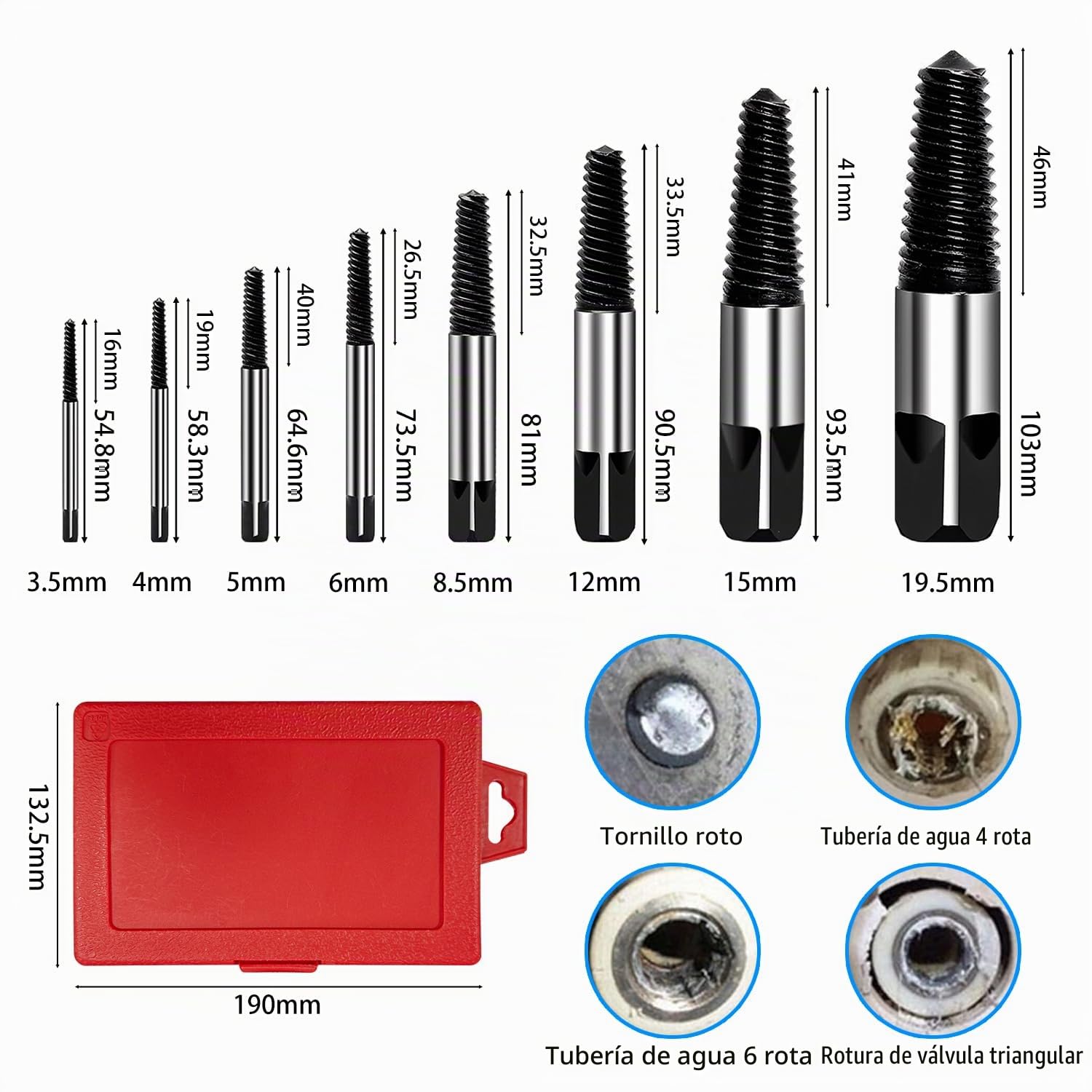 8 Piezas Extractor de Tornillos Extractor Tornillos Rotos 1/8-9/5 Pulgada con Estuche de Almacenamiento para Retirar Tornillos y Tubos DañAdos