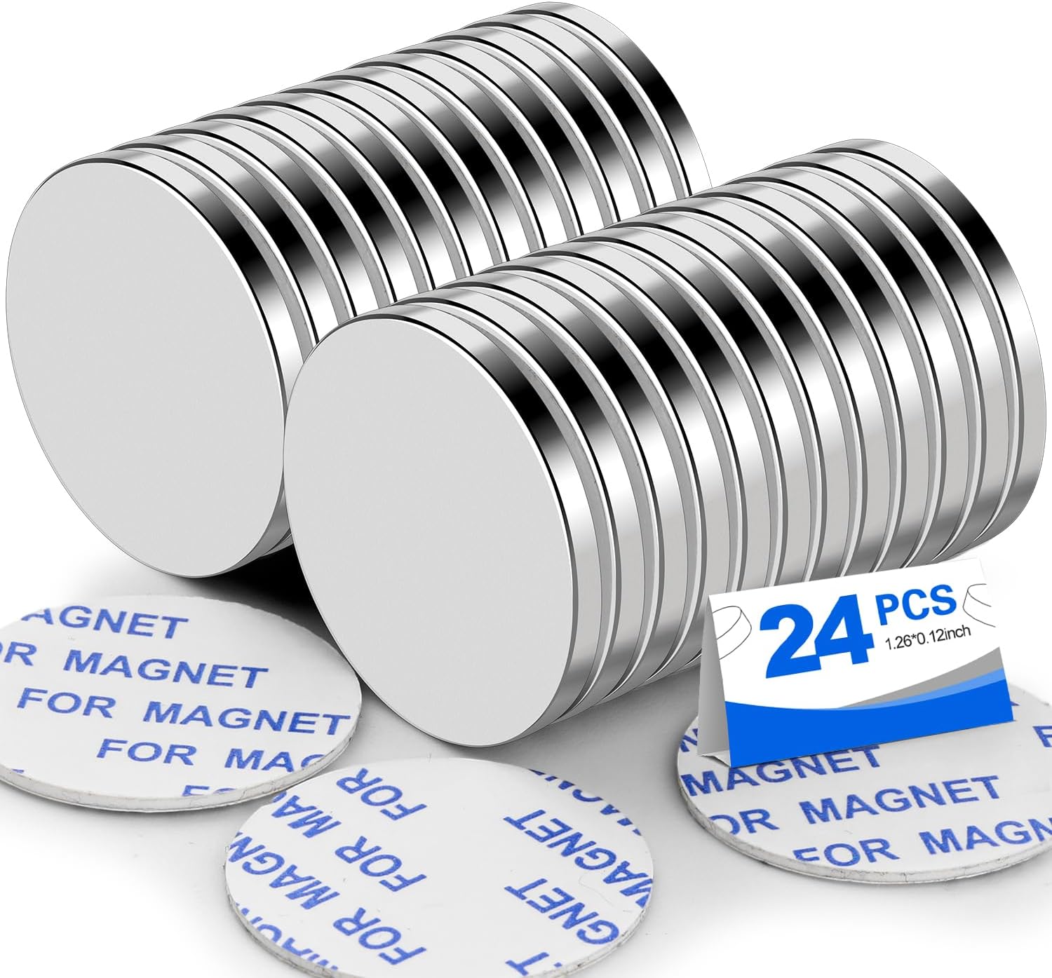 Super Strong Neodymium Disc Magnets with Double-Sided Adhesive, Powerful Permanent Rare Earth Magnet Fridge, DIY, Building, Scientific, Craft, and Office Magnets, 1.26 inch D x 1/8 inch H - 24 Packs