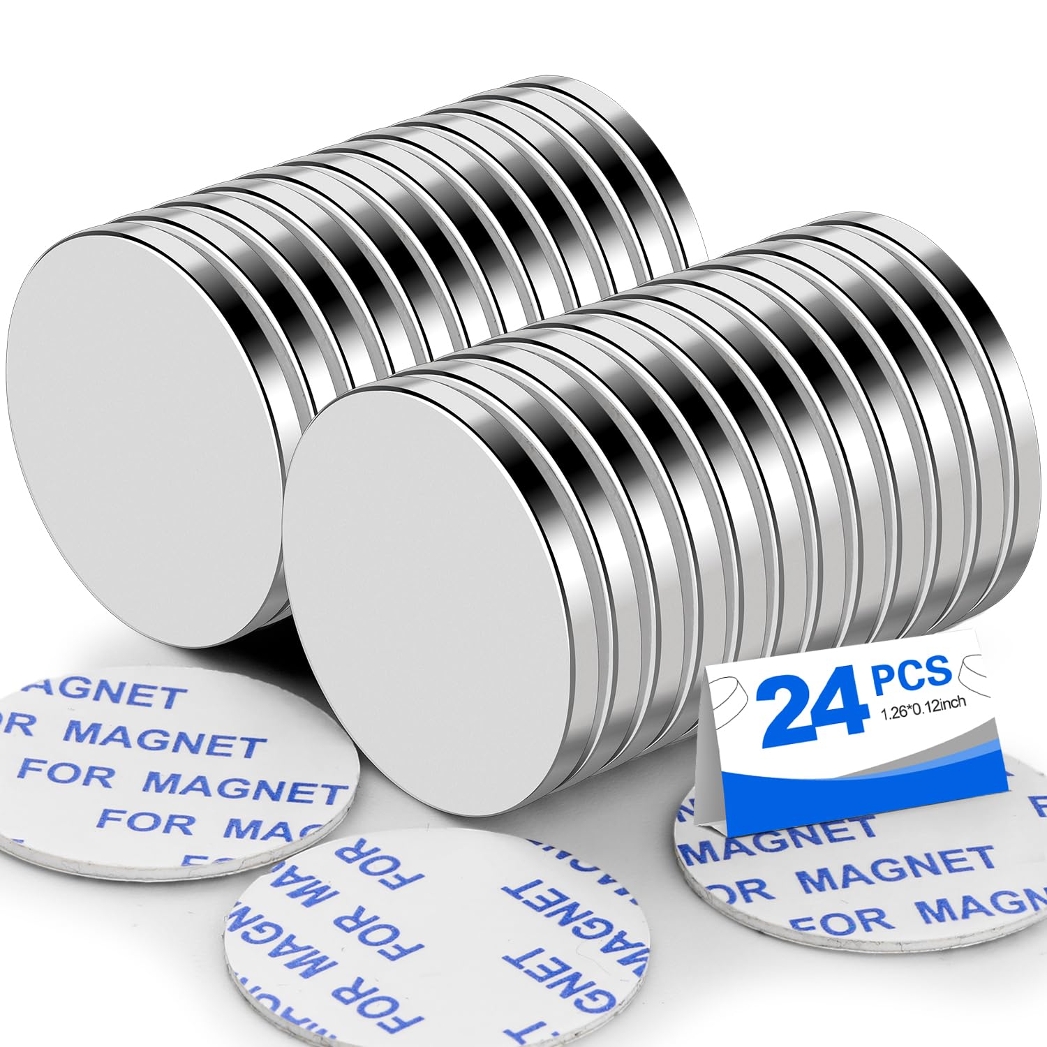 Super Strong Neodymium Disc Magnets with Double-Sided Adhesive, Powerful Permanent Rare Earth Magnet Fridge, DIY, Building, Scientific, Craft, and Office Magnets, 1.26 inch D x 1/8 inch H - 24 Packs
