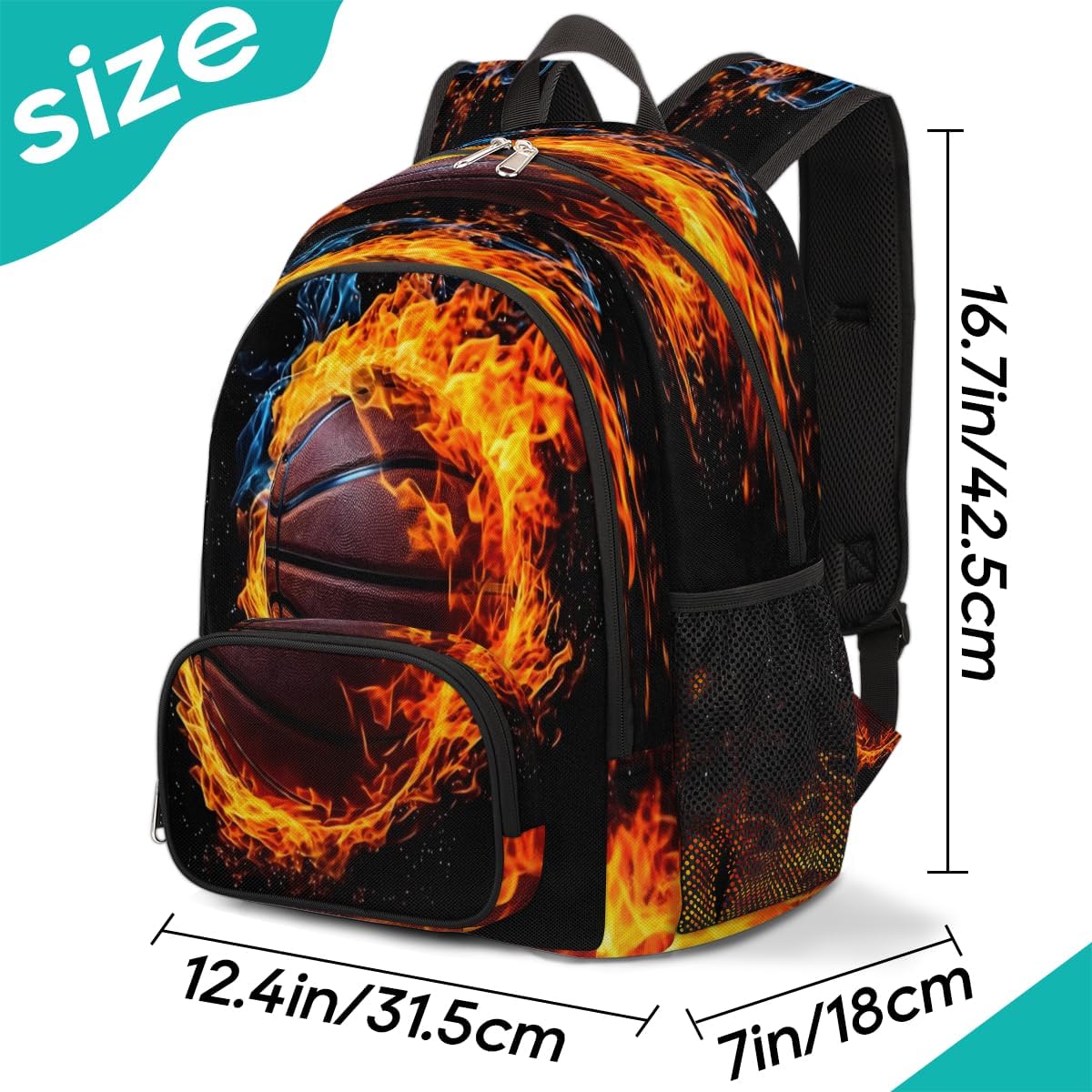 Flame Basketball Small Backpack for Women, Retro Basketball Travel Backpack Carry On Backpack Waterproof Backpack Cute Book Bags With Chest Strap for Women Men