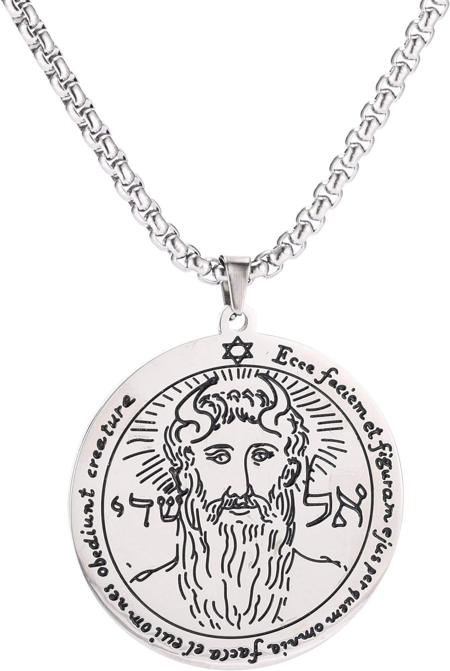 Stainless Steel First Pentacle of the Sun Pendant Necklace Key of Solomon Seal Round Charm Wide Chain Talisman Jewelry Men