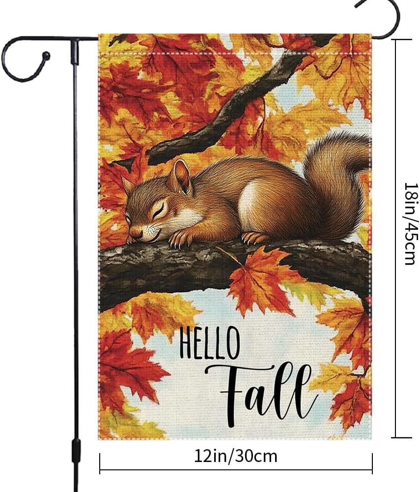 Hello Fall Garden Flag, Maple Tree Squirrel Garden Flags 12x18 Inch Double Sided Small Burlap Autumn Farmhouse Home Lawn Outside Thanksgiving Decoration - Image 3