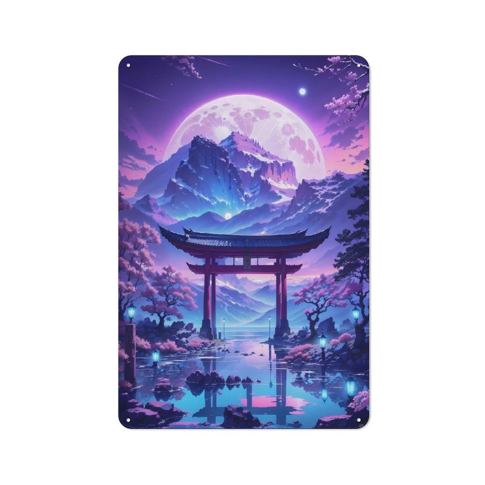 Sakura Moonlit Lake Metal Wall Decor Sign, Easy to Hang Plaque for Study, Gallery Wall Or Travel Inspired Room, 30x20cm