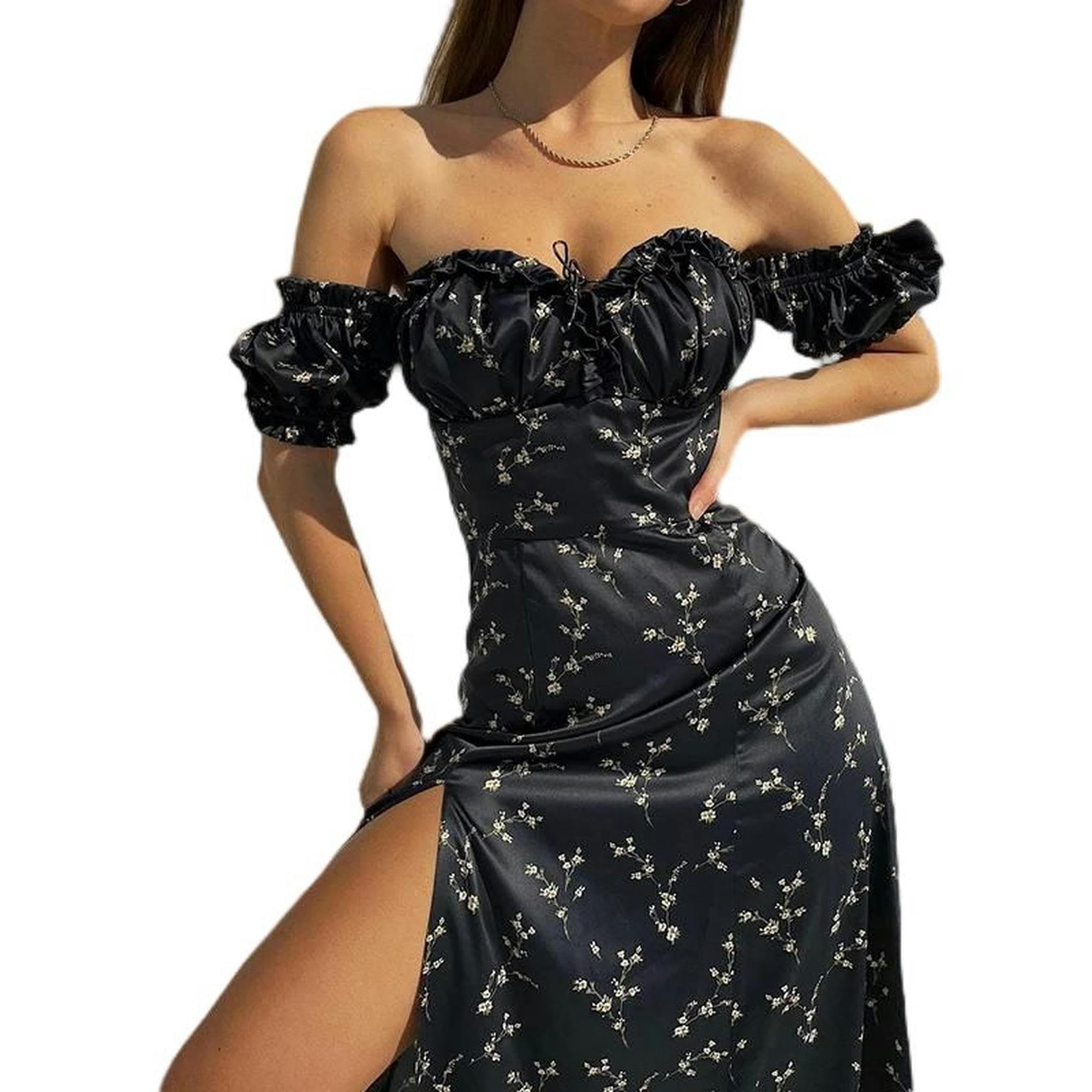 Abito Estivo con Maniche Floreali per Donna, Allacciato lateralmente, Spacco, Elegante, a metà Polpaccio, Abito estetico-Nero-S