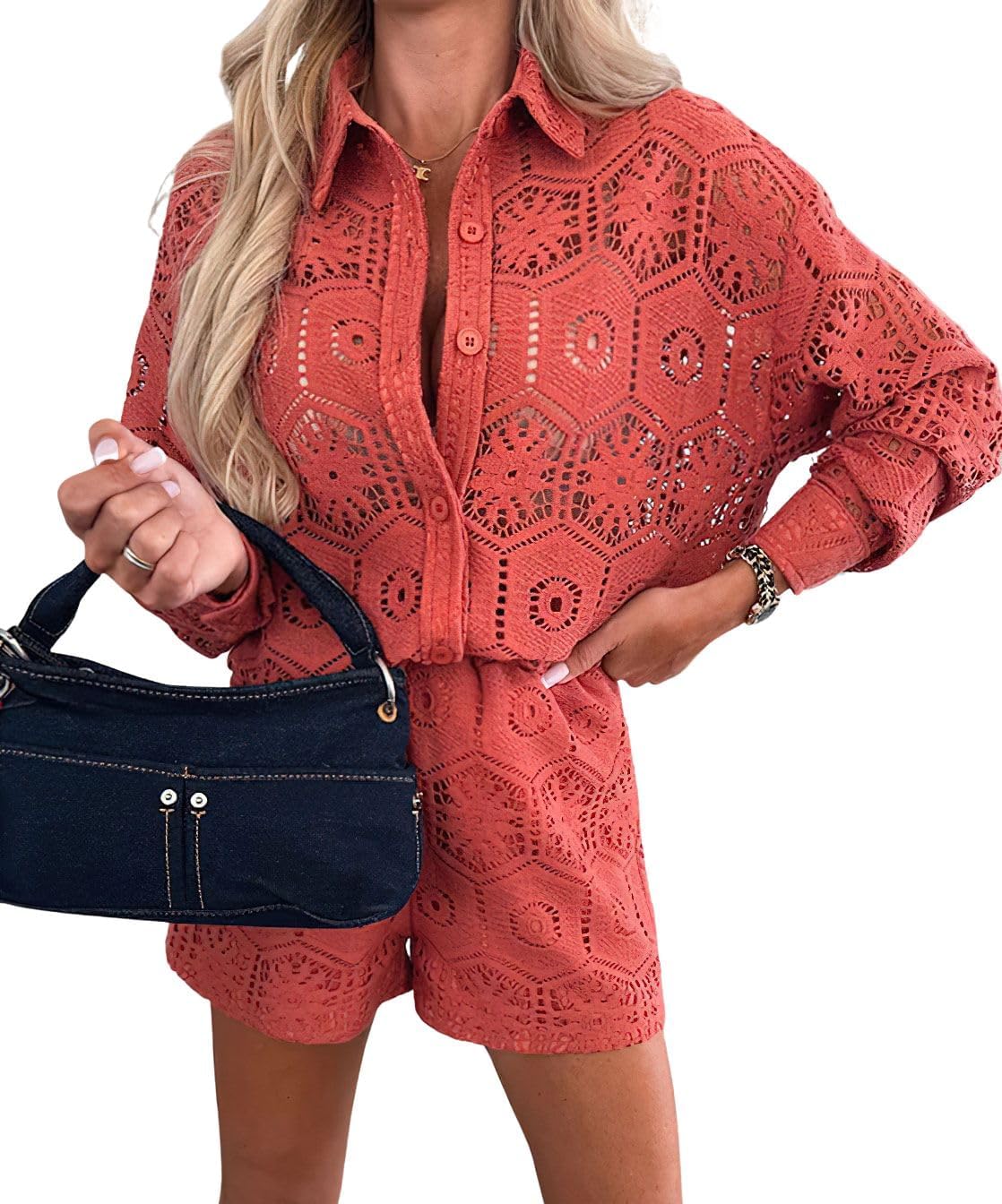 chouyatou Women's Lace Eyelet 2 Piece Outfit Crochet Button Down Shirt Top Wide Leg Shorts Matching Set