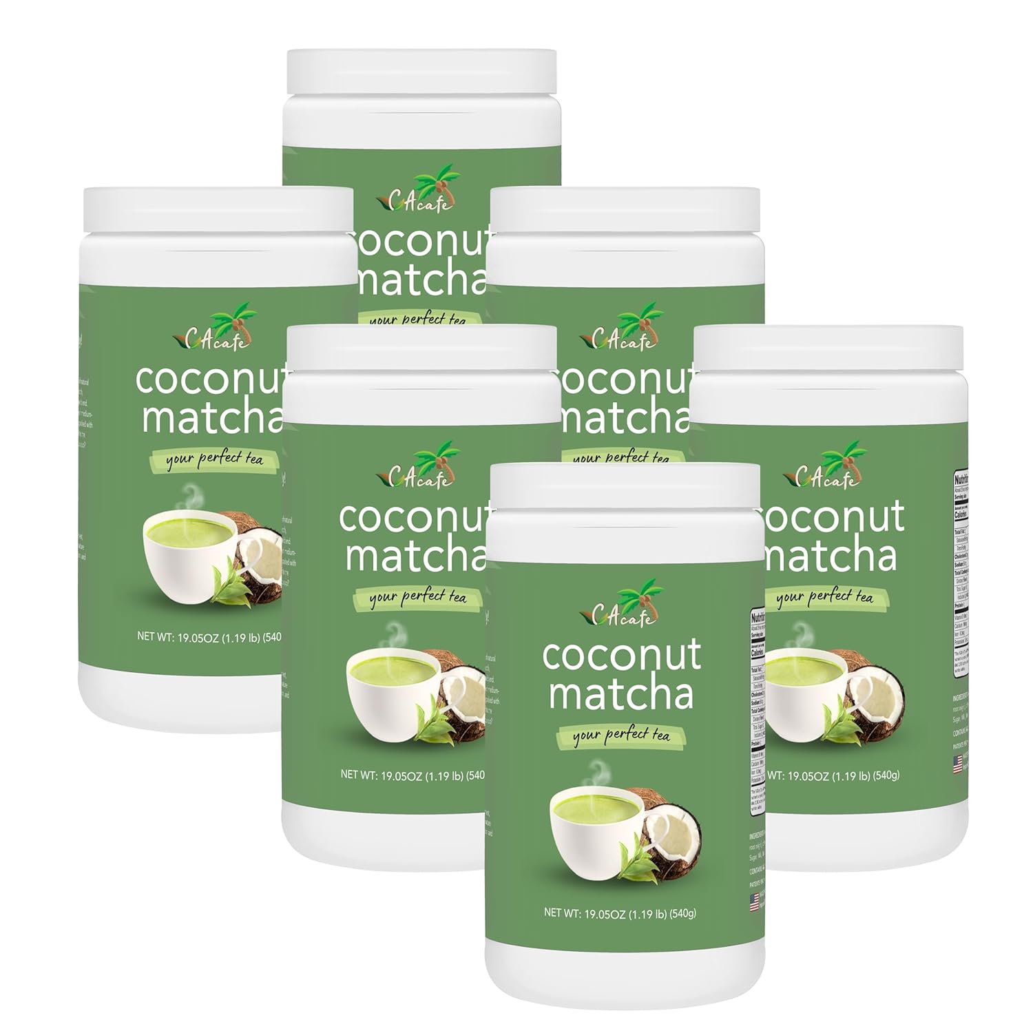 CAcafe Coconut Matcha - Instant Japanese Health Drink - Creamy & Sweet - Hot or Iced Green Tea Latte Mix - New Look, Reduced Sugar - Non-GMO - No Artificial Flavors or Colors | 6-Pack