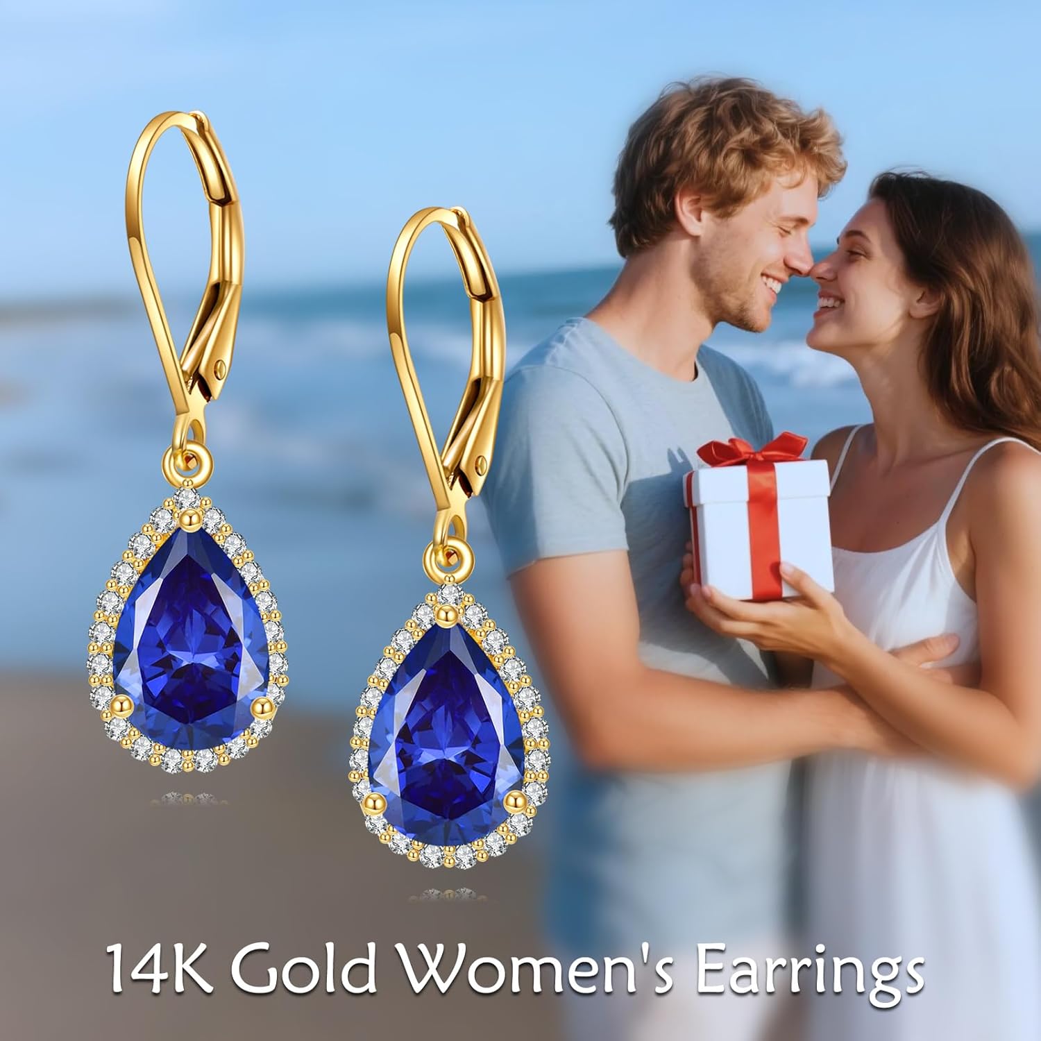 KECHO 14K Real Gold Gemstone Earrings Solid Yellow Gold Dangle Drop Leverback Jewelry Anniversary Birthday Gifts for Women - Image 5