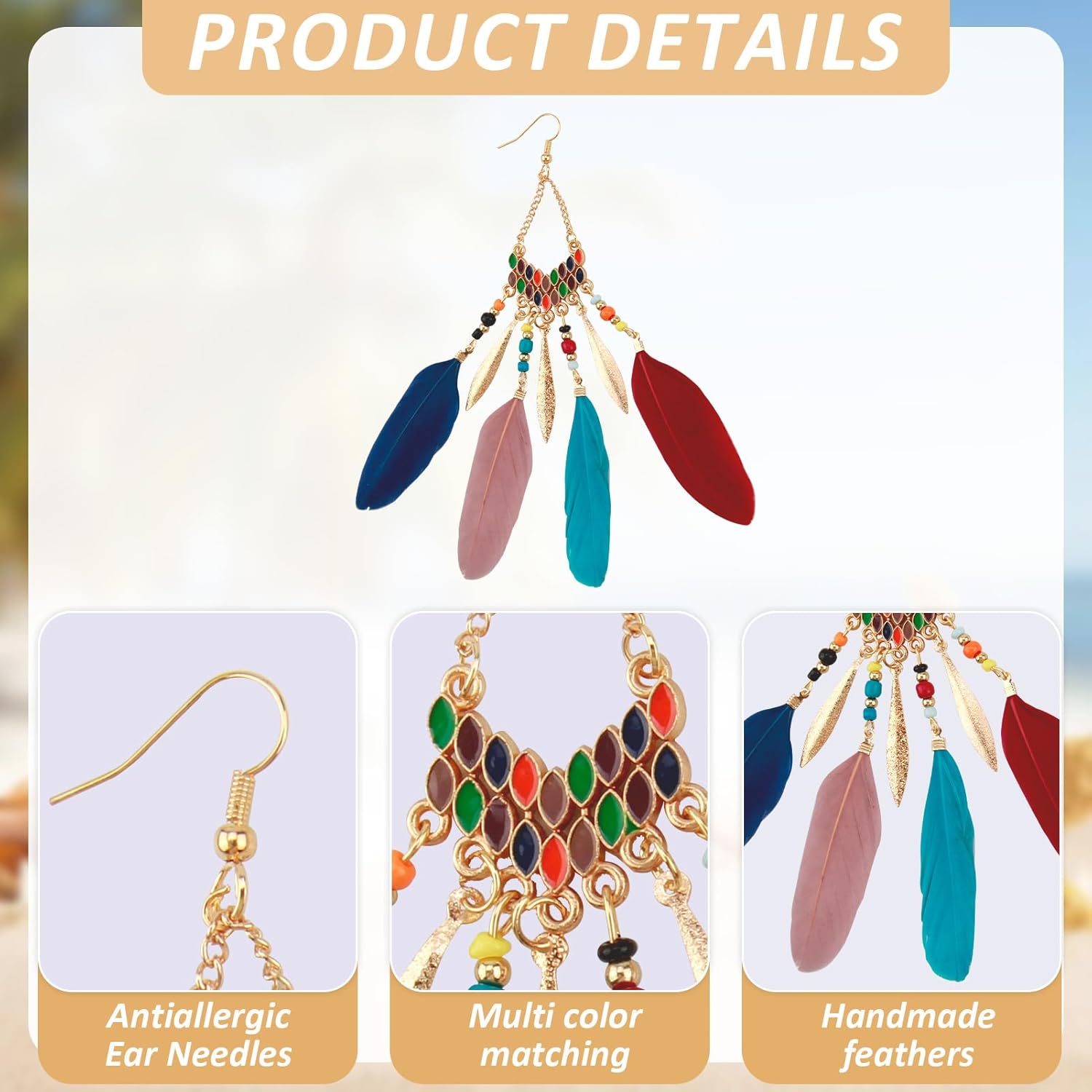 6 Pairs Feather Earrings for Women,Dream Catcher Earrings for Women,Bohemian Feather Tassel Lightweight Western Earring for in Daily Life,Theme Party, Wedding - Image 3