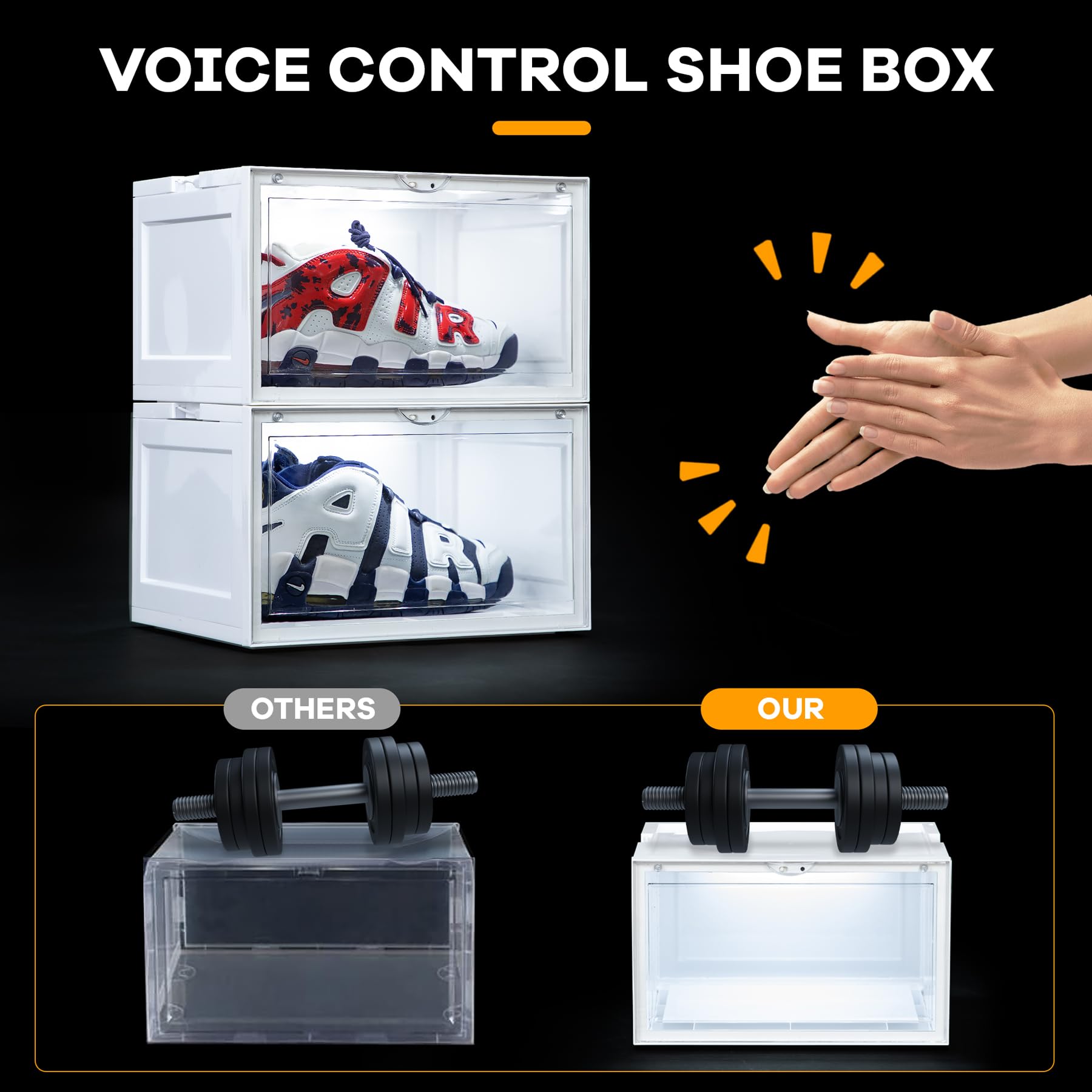MMBABY 2-Pack LED Sneakers Boxes Stackable Voice Control White Shoe Display Cases Side Open Shoe Containers Sneaker Storage Boxes with Magnetic Door,Fit Shoe Size Up to US 15