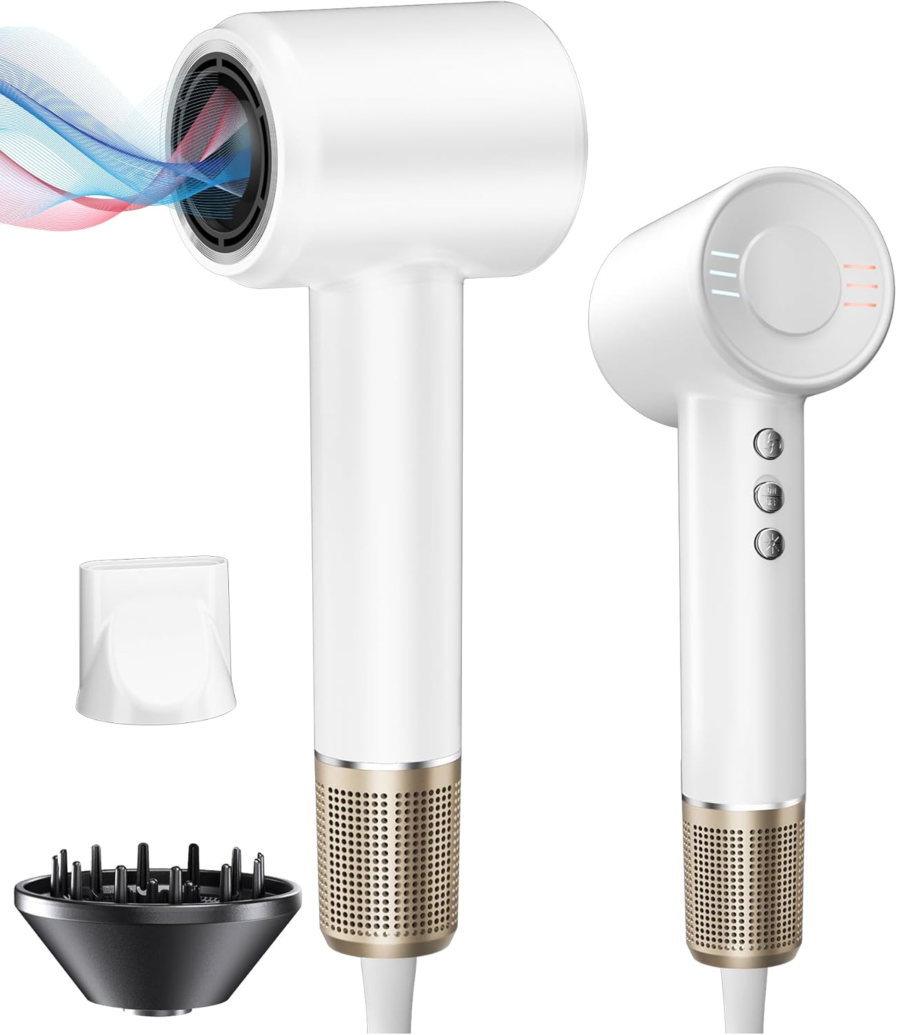 Hair Dryer - 150,000RPM High-Speed Ionic Hair Dryer for 1-5 Mins Fast-Drying, 500M Negative Ions Reducing 70% Frizz, Low Noise Blow Dryer with Magnetic Diffuser & Nozzle, for Home Travel Salon, White
