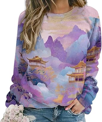 MARSVOVO Graphic Sweatshirts for Women Crewneck Long Sleeve Chinese Ink Painting Print Pullover Fall Tunic Sweatshirts
