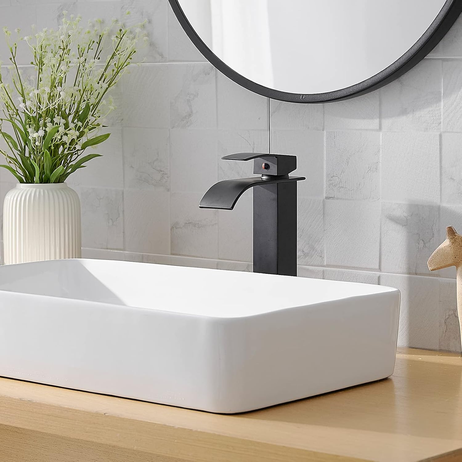 Bathroom Vessel Sink Faucet Waterfall, Tall Bathroom Faucet Matte Black, 1 Hole Single Handle for Bowl Sink with Pop Up Drain Mixer Tap
