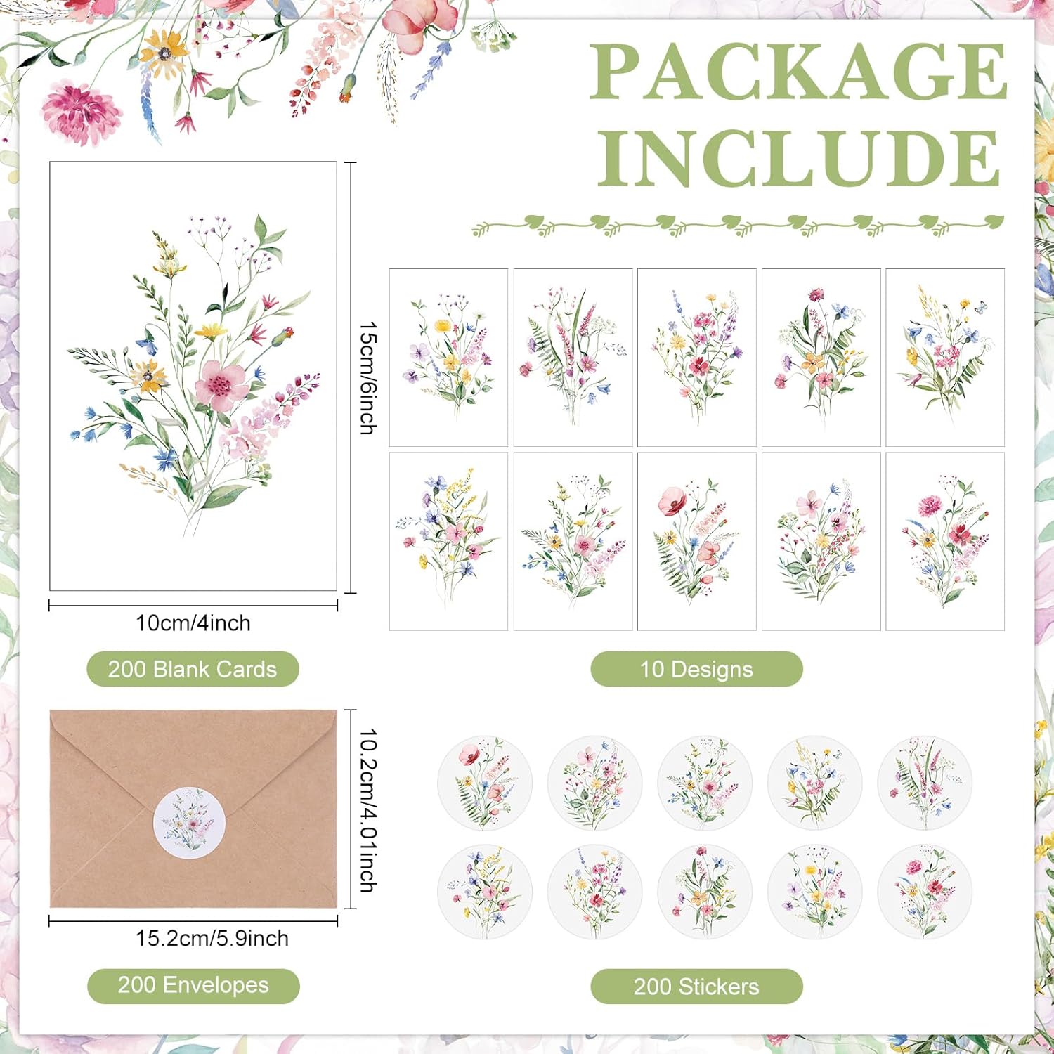 Maitys 200 Set Wildflower Blank Cards and Envelopes Bulk 4x6 Inch Blank Greeting Cards with Envelopes & Stickers 10 Elegant Designs Floral Notecards for Wedding Bridal Showers Anniversary Events