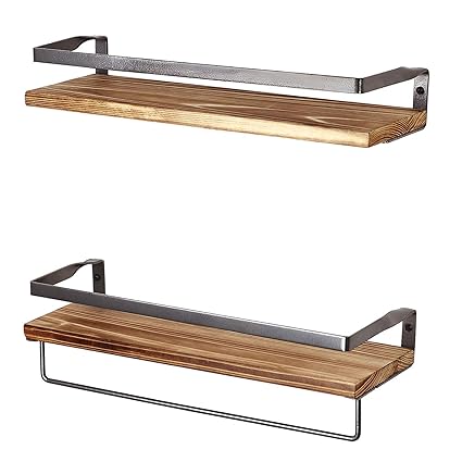 INDIAN DECOR. 28511 Rustic Floating Wall Shelves with Rails ? Decorative Storage for Kitchen, Bathroom, and Bedroom ? Elegant, Modern Shelving - MDF Wood, Black Silver Metal Frame - Set of 2