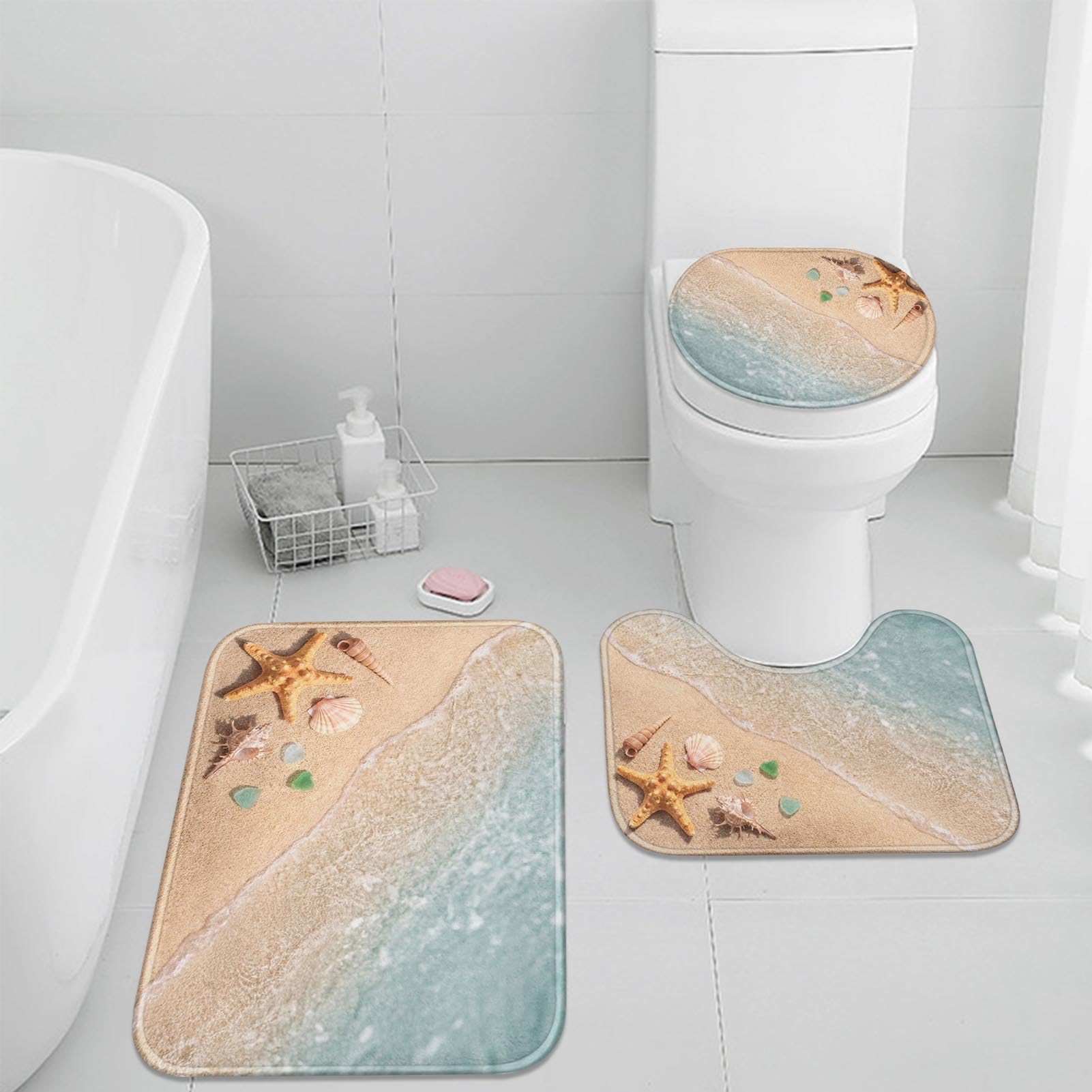 Britimes Lot de 3 grands tapis de bain, motif coquillages, plage | Ocean Summer Lot de 3 tapis de sol lavables sans soie pour cuisine et salle de bain