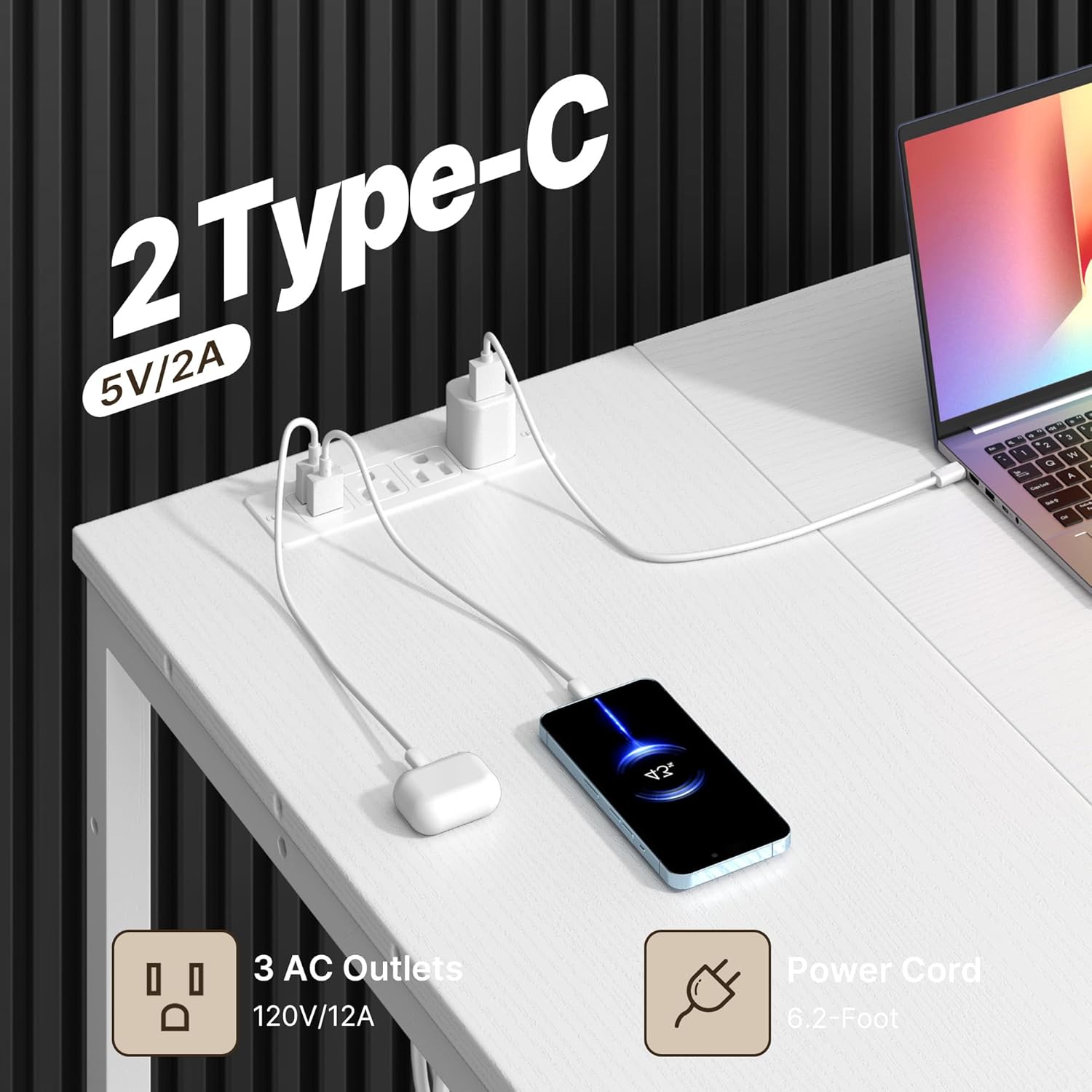 Close-up of built-in power outlets with USB and Type-C ports