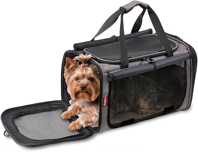 BurgeonNest Soft Cat Carrier Large, Pet Carrier Dog Carrier for Big Cats and Small Dogs up to 25 lbs Collapsible Top Loading with Dual-Exit Tunnel, Privacy Protection, Mesh Ventilation, Travel, Gray