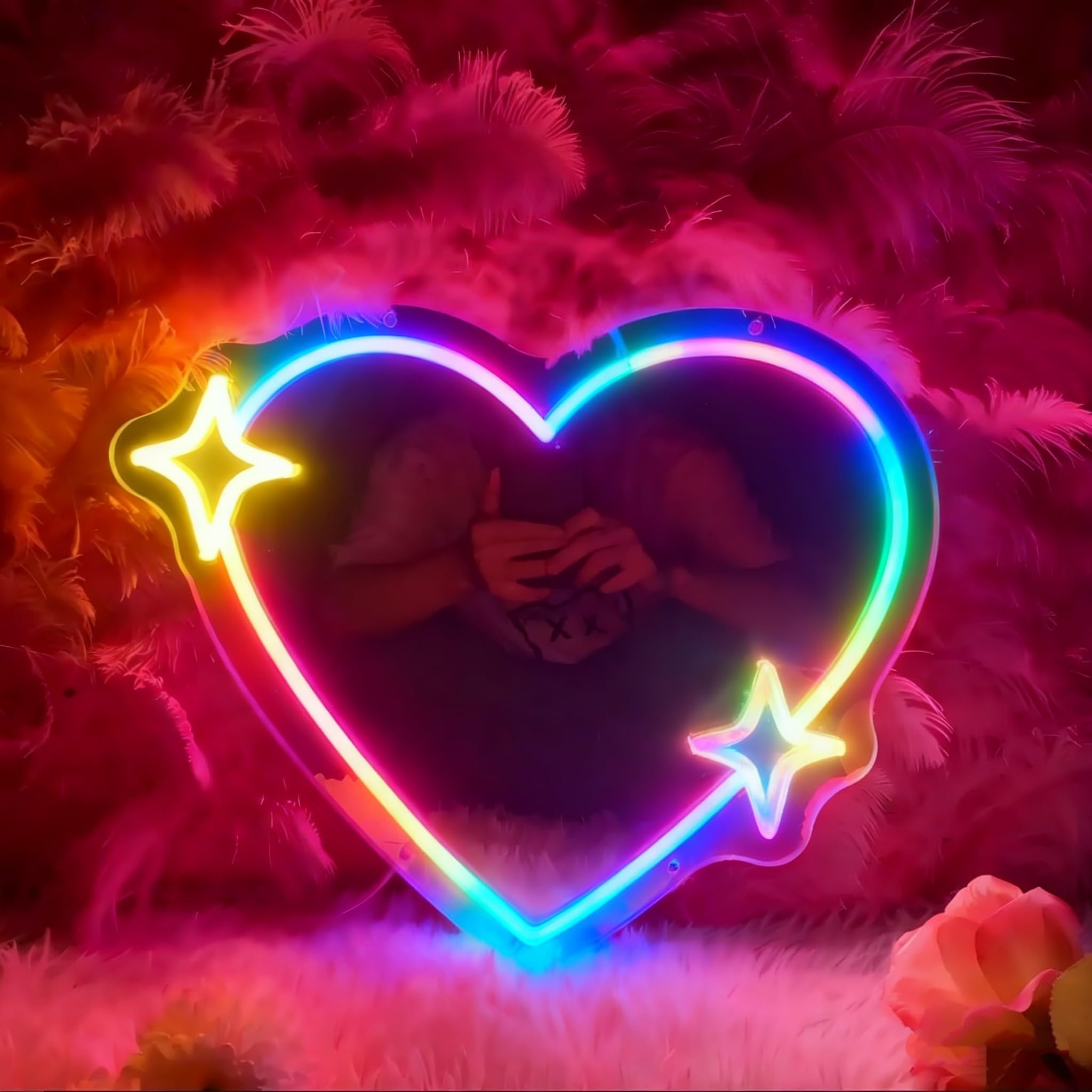 Heart RGB Neon Sign Mirror - Wedding Home Decor Wall Art Light for Bedroom Living Room Dressing Room Party Decorations