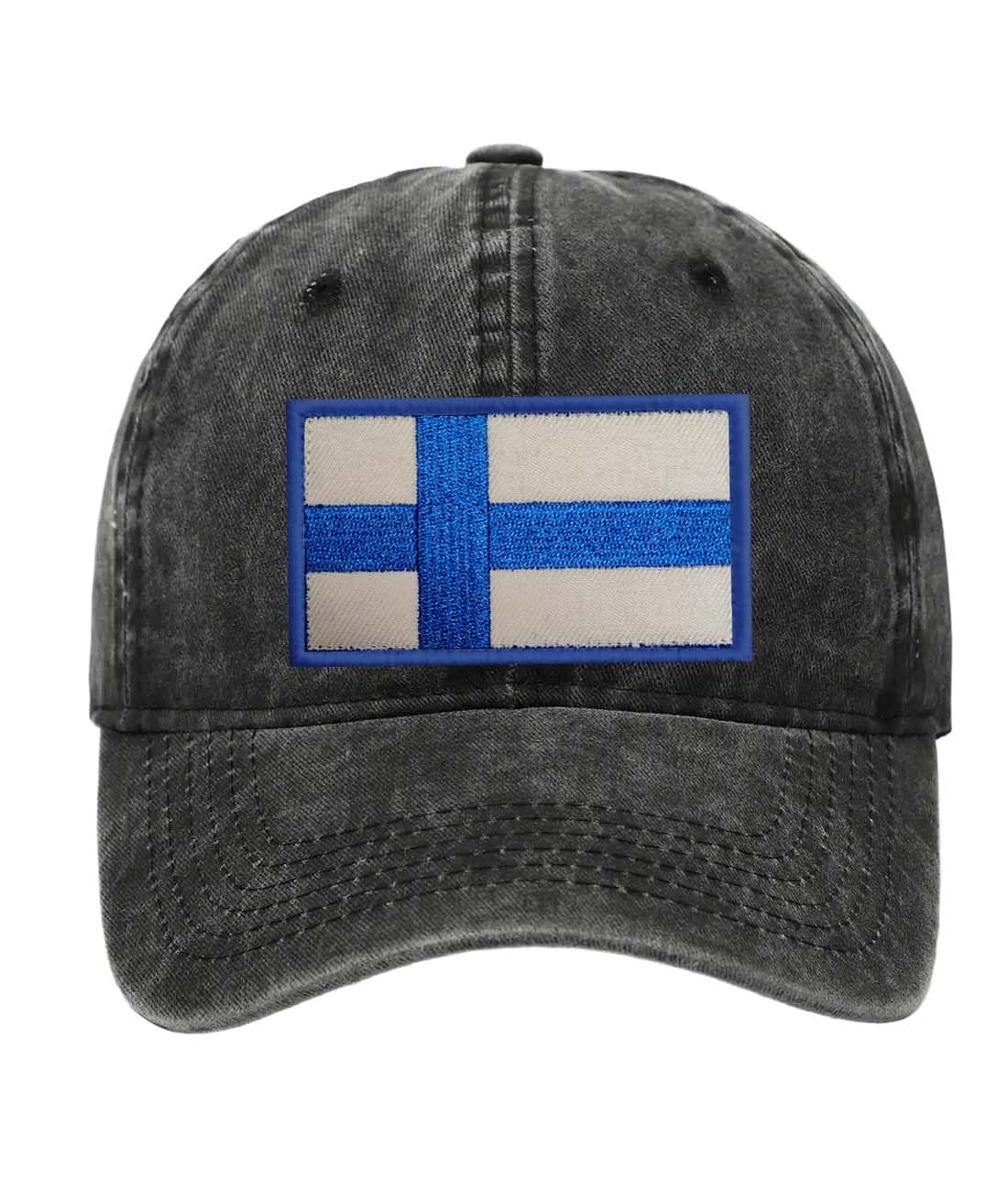 Petite Pine Finland Baseball Cap with Washed Cotton Fabric,Hat with Embroidered by Finnish Patch,Sun Hat,Adjustable Baseball Cap for Unisex Men Women Teens Washed Baseball Cap(Black)