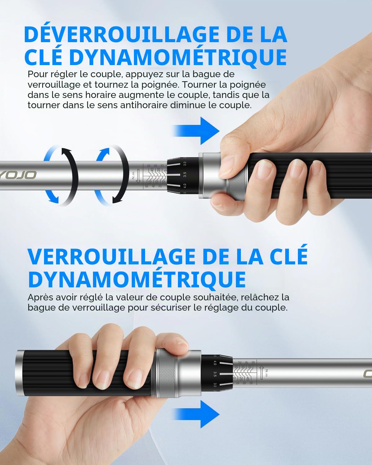 GOYOJO 5-60Nm Clé Dynamométrique 3/8" Haute Précision, ± 3%, Réglage Bidirectionnel à 72 Dents pour l'entretien de Motos, Vélos et Voitures