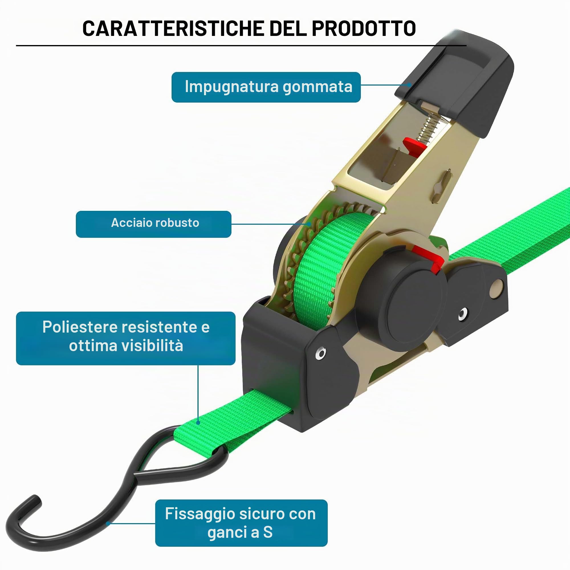 Cinghia di ancoraggio a cricchetto set 4 cinghie di fissaggio 3 m x 25mm 320 daN