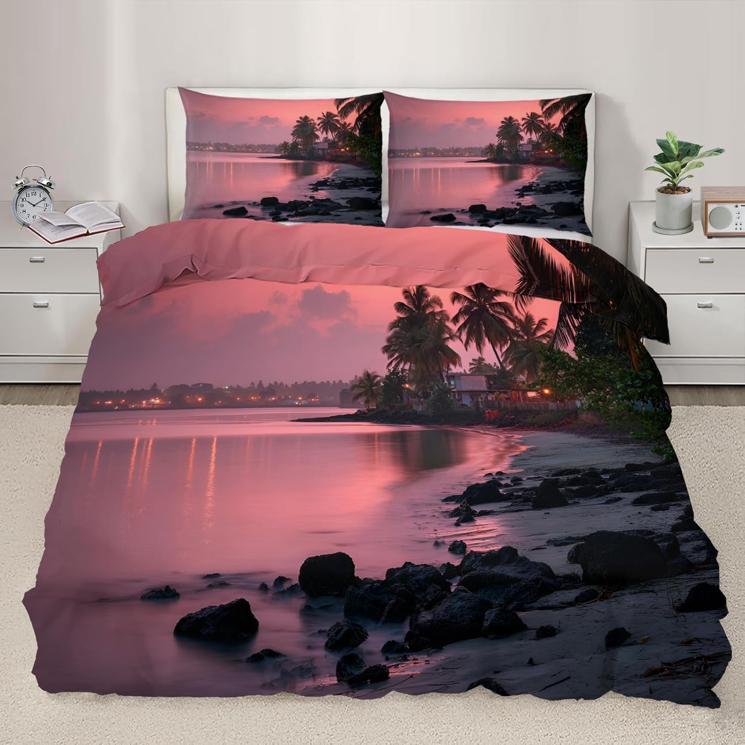 Housse de couette 240x220 palmier rose parure de lit 2 personnes microfibre zippée