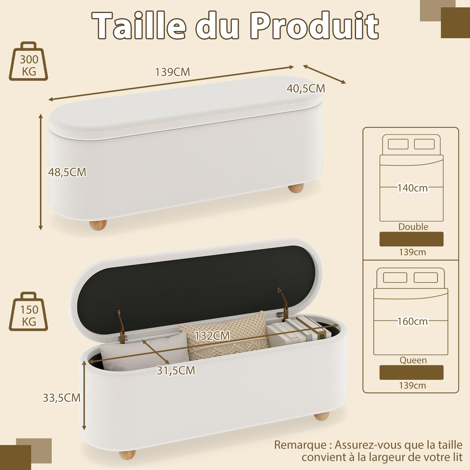 COSTWAY Banc de Rangement 150 L, Pieds en Bois d'Hévéa, Banc Bout de Lit, Patins Antidérapants, Banquette Coffre pour Chambre Salon Entrée, Charge 300 kg, 139 x 40,5 x 48,5 cm, Blanc