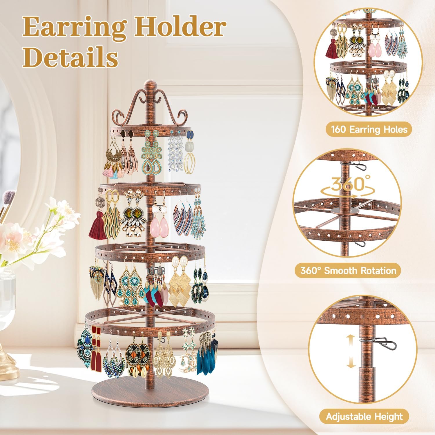 MODOWEY Rotating Earring Holder Organizer Stand, 4 Tier Adjustable Metal Display Tree, 160 Holes Earing Rack for Pierced Stud Dangle Hoop Storage, Space-Saving Jewelry Hanger Tower for Women, Bronze