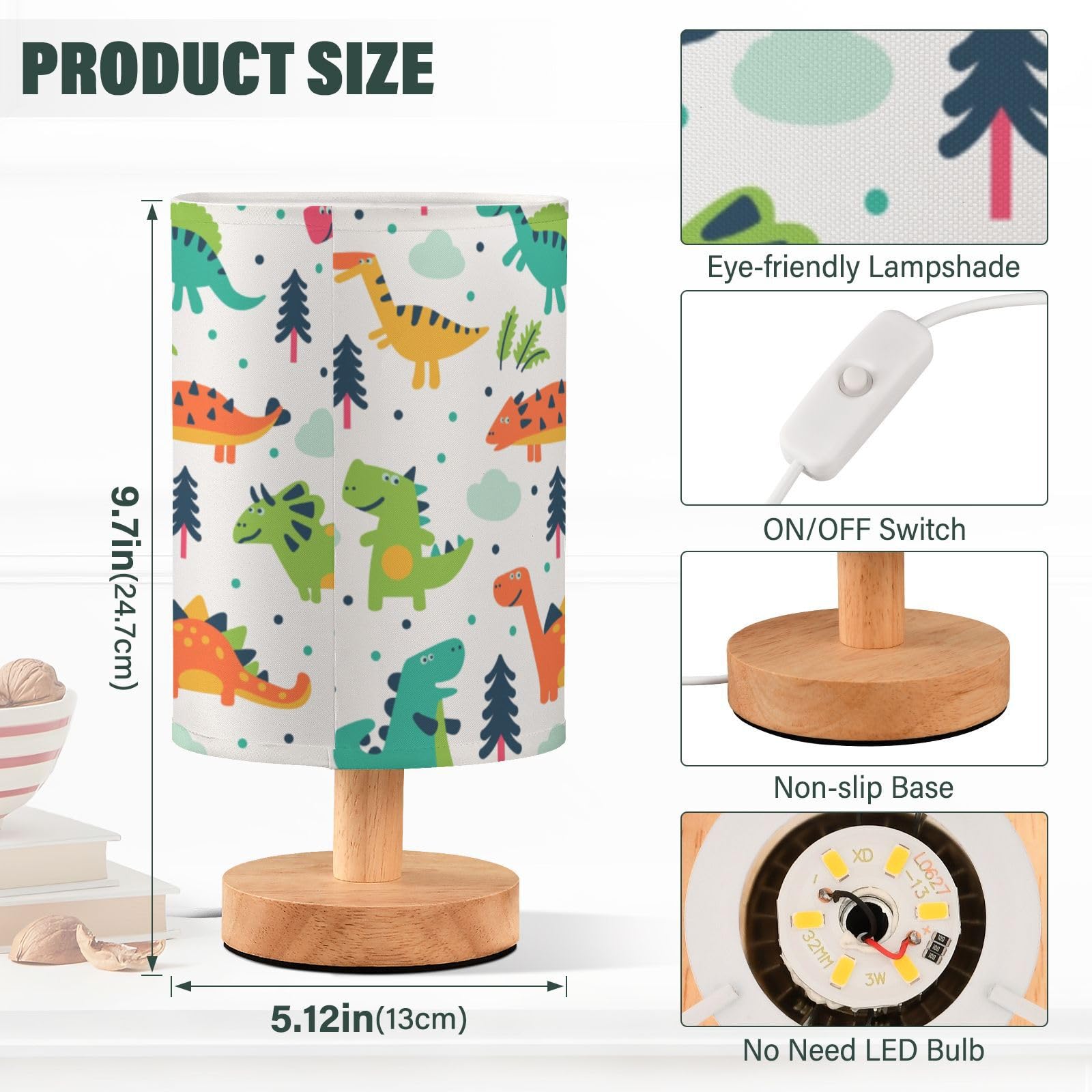 Linda lámpara de mesa de noche de dinosaurio de dibujos animados con puertos de carga USB, lámpara de mesita de noche para sala de estar, dormitorio, oficina, trabajo de lectura