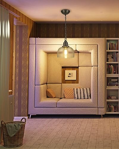 Miniatura 8 de EAPUDUN Paquete de 1 lámpara colgante de granja, lámpara colgante industrial de 1 luz con pantalla de vidrio sembrado redonda de 9.3 pulgadas,