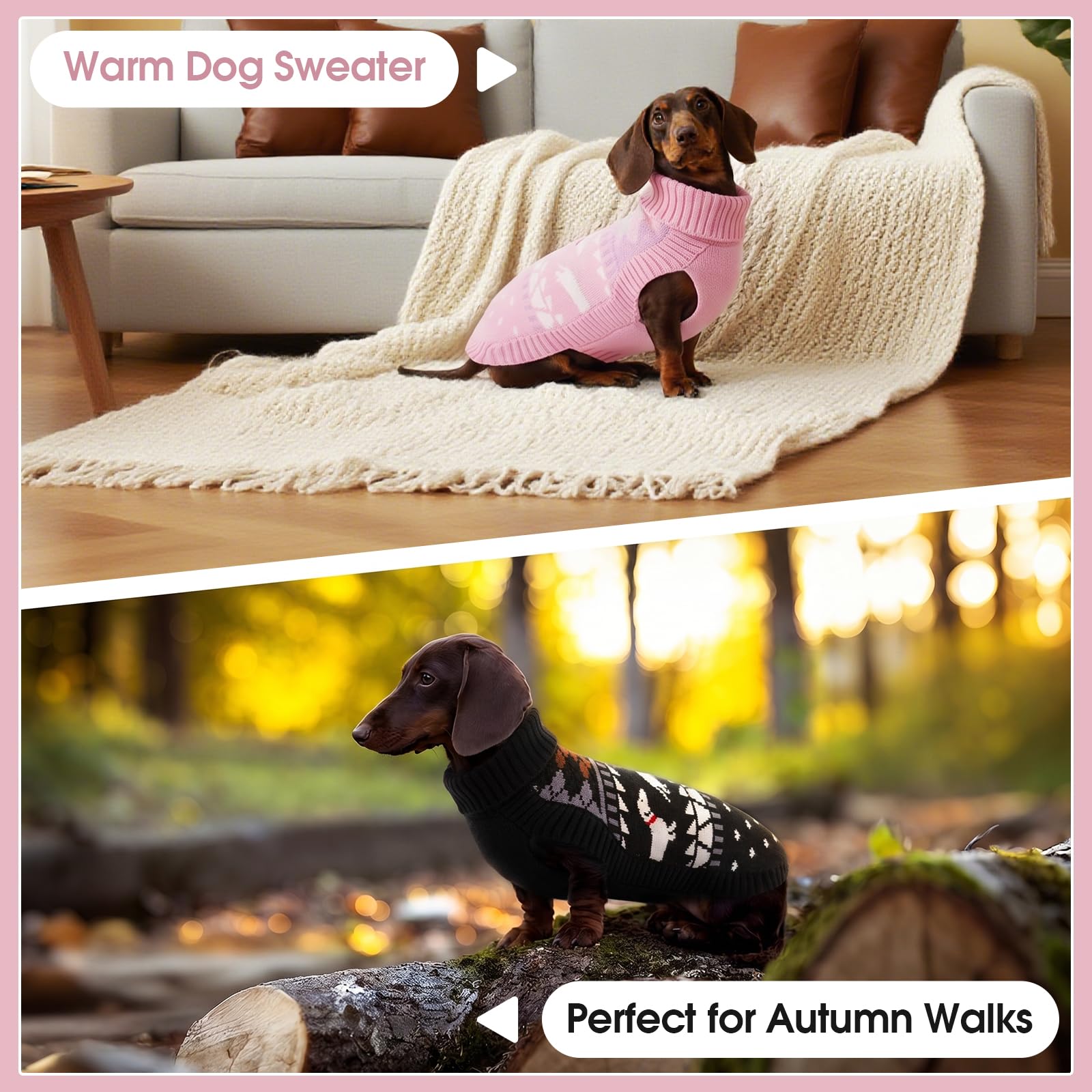Pull à col roulé pour chien mignon avec motif teckel - Pull en polaire douce à col roulé pour petits chiens - Cadeau d'automne et d'hiver - Noir - Taille XL