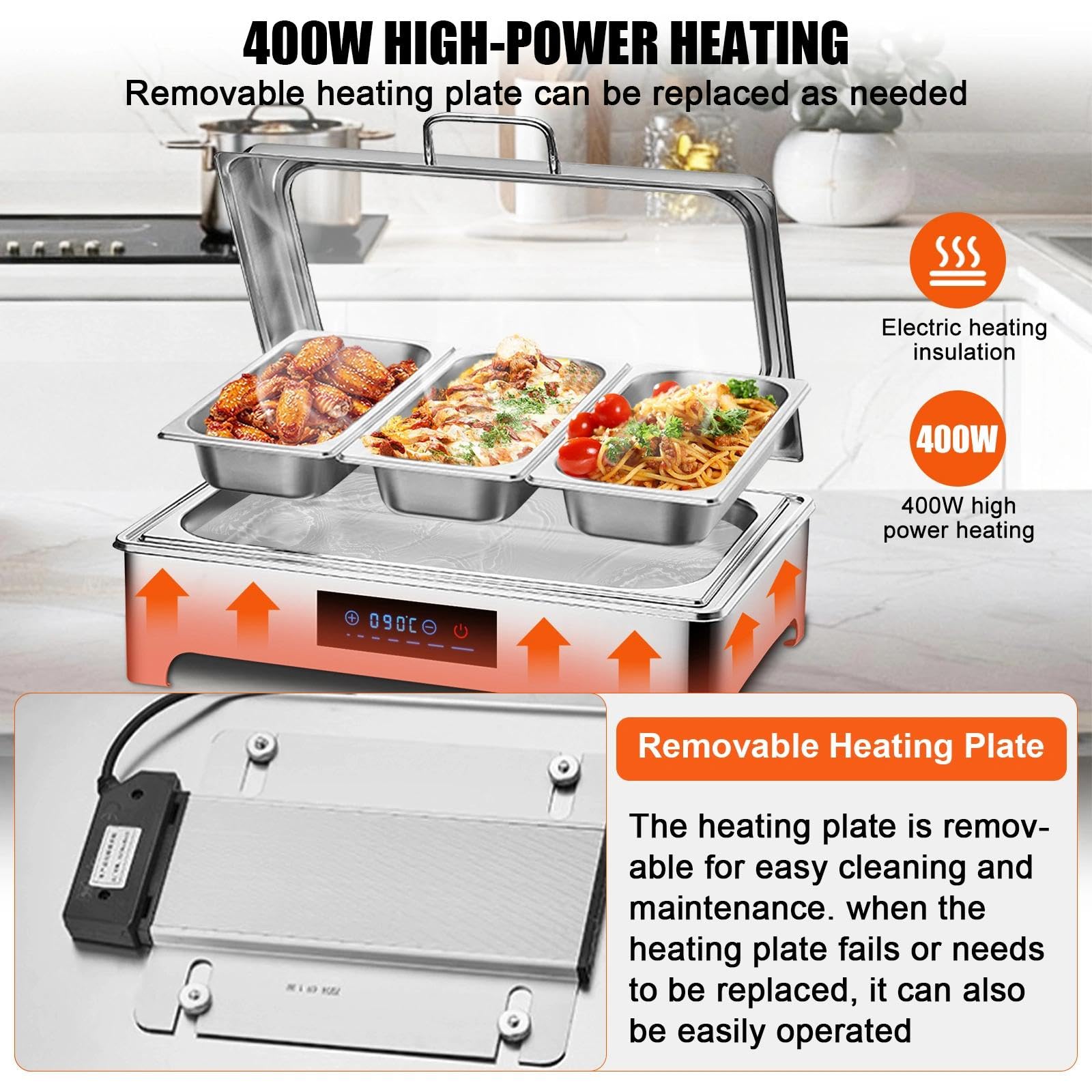 9L Calentador de Buffet de Acero Inoxidable, 400W 220V (1/1) | Chafing Dish Electrico, Calentador de Comida Buffet Electrico con Control Inteligente de Temperatura para Buffet, Catering