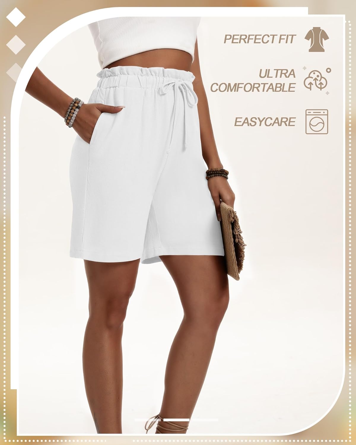 Neer 3 Pack Women's Linen Bermuda Shorts Summer Wide Leg Casual High Waist Drawstring Mid Length Shorts with Pockets - Image 7