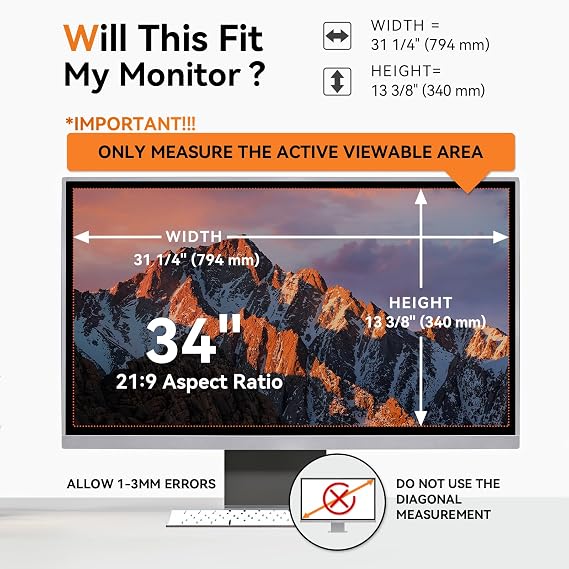 [2-Pack] 34 Inch Computer Privacy Screen for 21:9 Aspect Ratio Widescreen Monitor, Eye Protection Anti Glare Blue Light Computer Monitor Privacy Filter, Removable Anti-Scratch Screen Protector Film 34