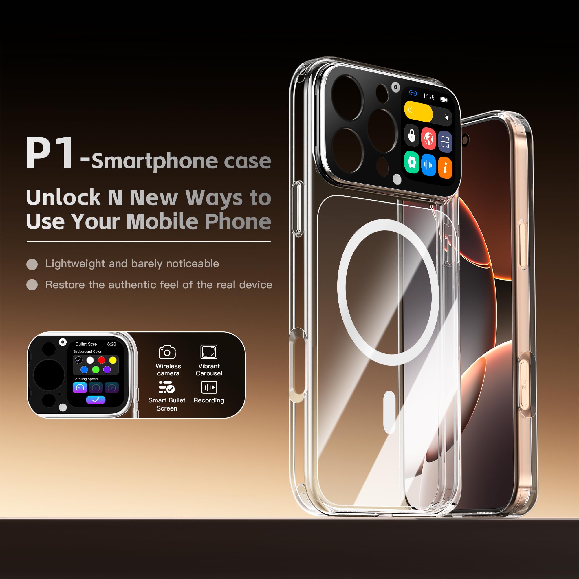 mart Screen Phone Case per iPhone 16 Pro Max, display HD da 1,85 pollici, anteprima dal vivo, ID chiamante, commenti proiettili, registrazione con un tocco, ricarica magnetica, custodia