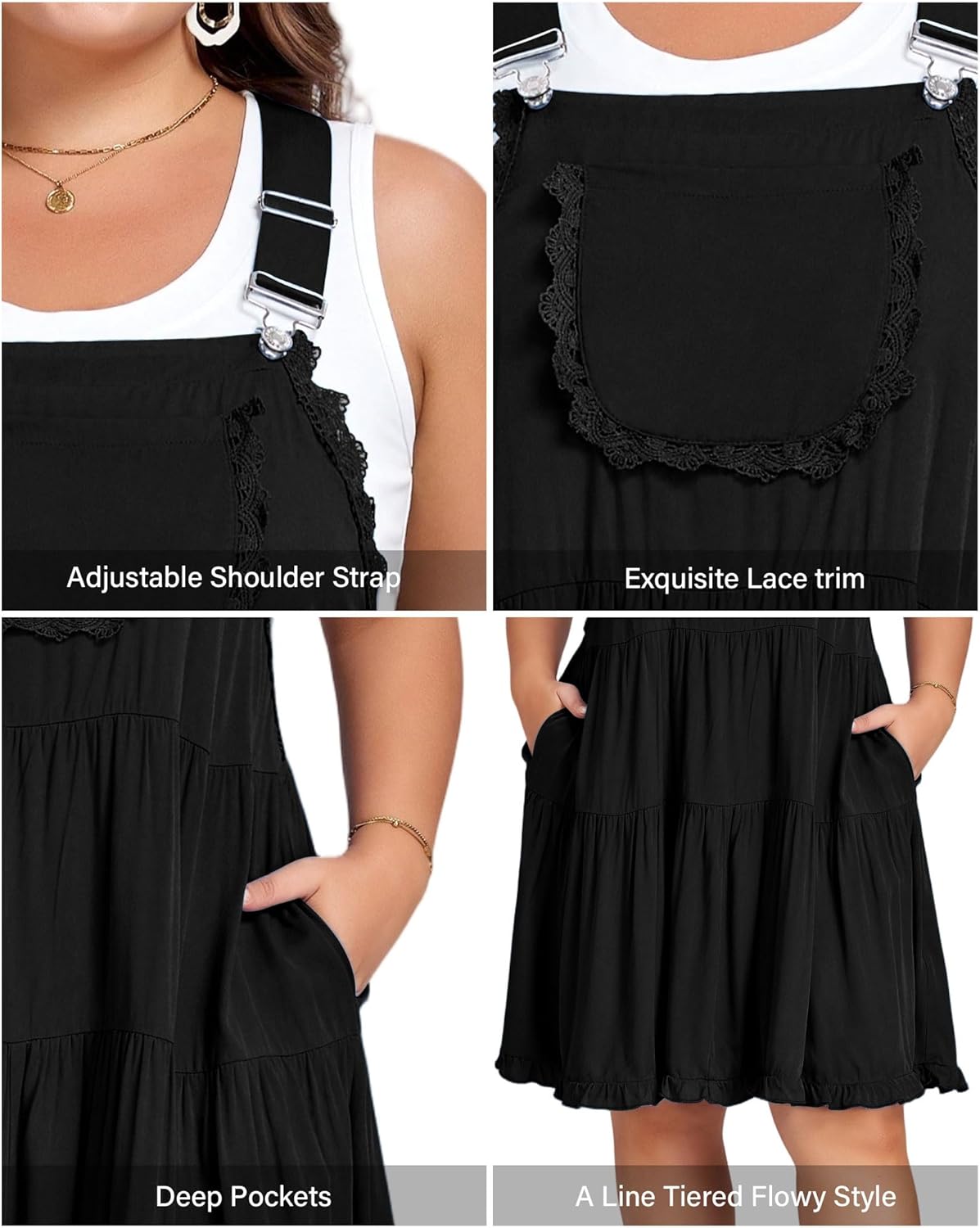 Moon Wood Plus Size Overall Dress for Women Adjustable Straps Lace Trim Jumper Dress with Pockets Tiered Mini Dress