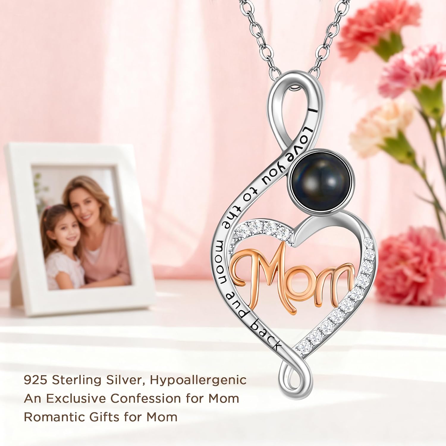 NORBU Mother's Day Gifts, S925 Sterling Silver Mother Necklace, Heart Projection Necklace for Women, Mom, I Love You to The Moon and Back Pendant, Womens Jewelry Gifts for Birthday Anniversary Christmas