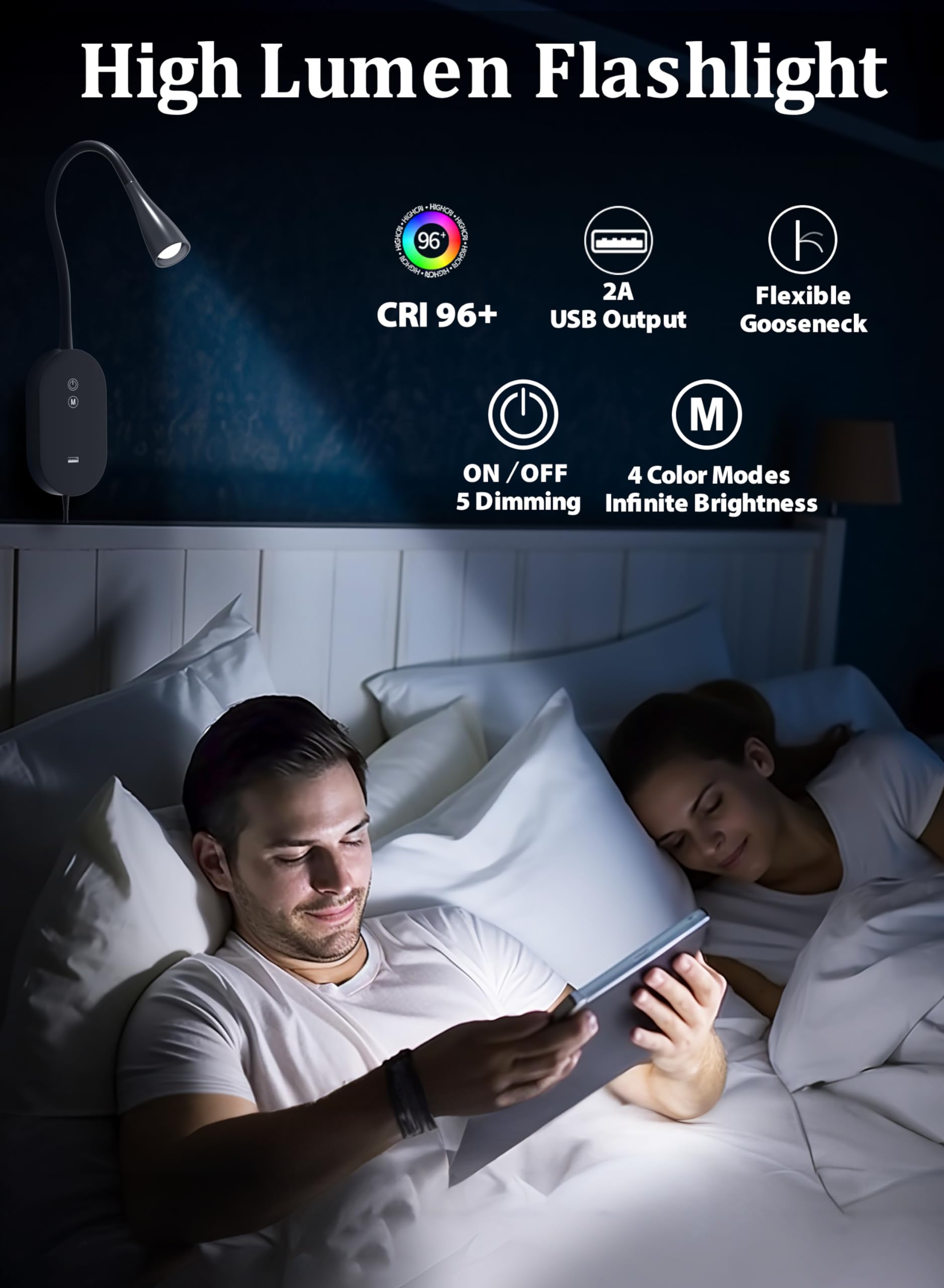 TOPMB Wall Reading Lights for Book in Bed Reading Lamp with 4 Color Modes 5 Dimmable - Image 2