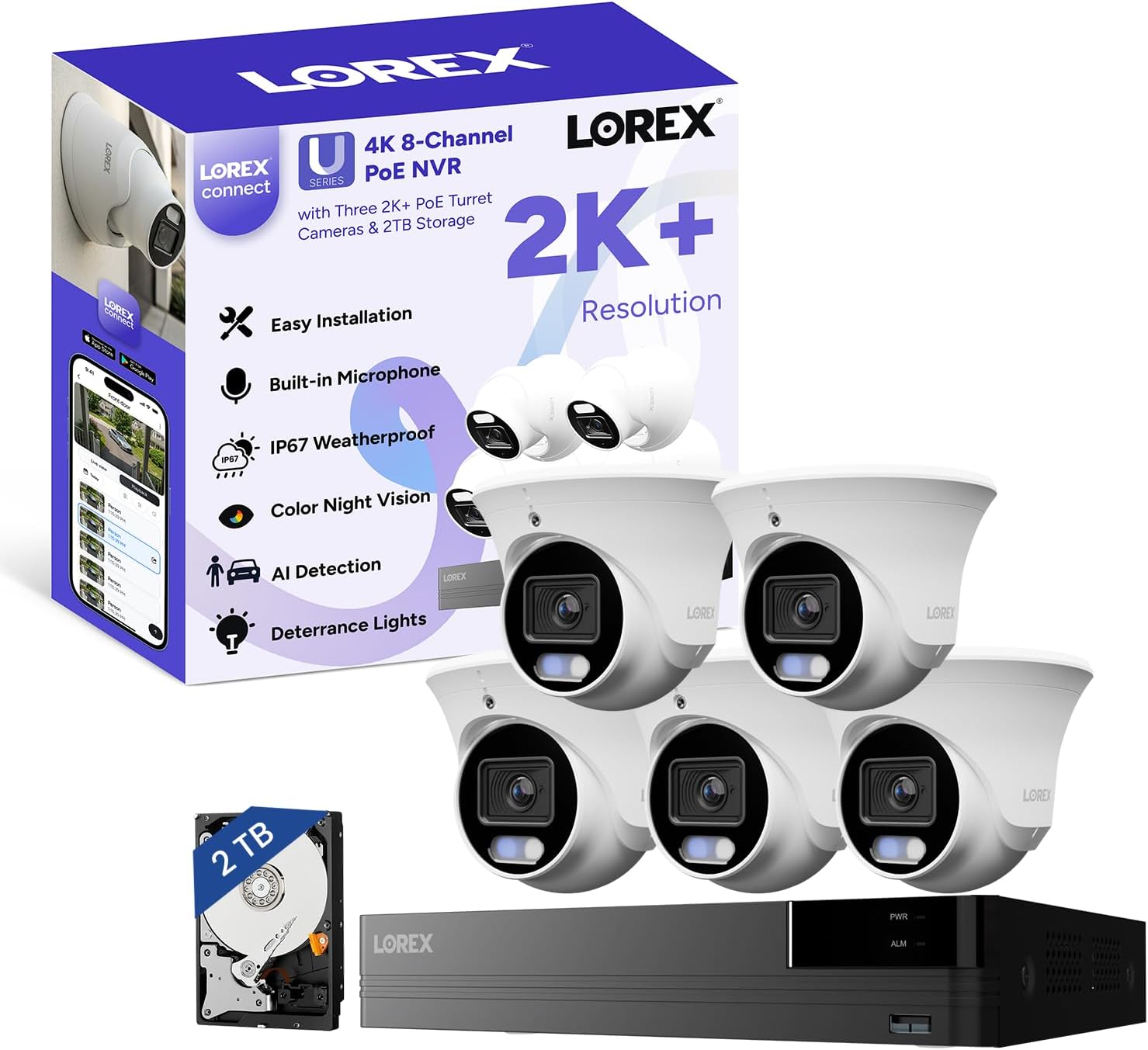 Lorex Connect (New App) | U-Series | 8Ch 4K NVR System | 5 Dome 2K+ Cameras