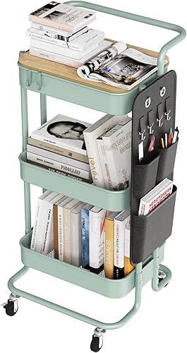 DTK Carrito de metal de 3 niveles con mesa y bolsas laterales, carrito organizador de almacenamiento de bandeja de metal con ruedas, carrito de