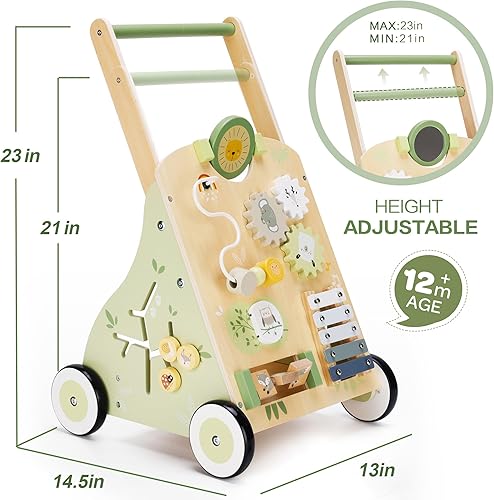 Miniatura 6 de Andador de empuje de madera para bebés y juguete de arrastre de actividades de aprendizaje para niños pequeños - Desarrolla habilidades motoras y