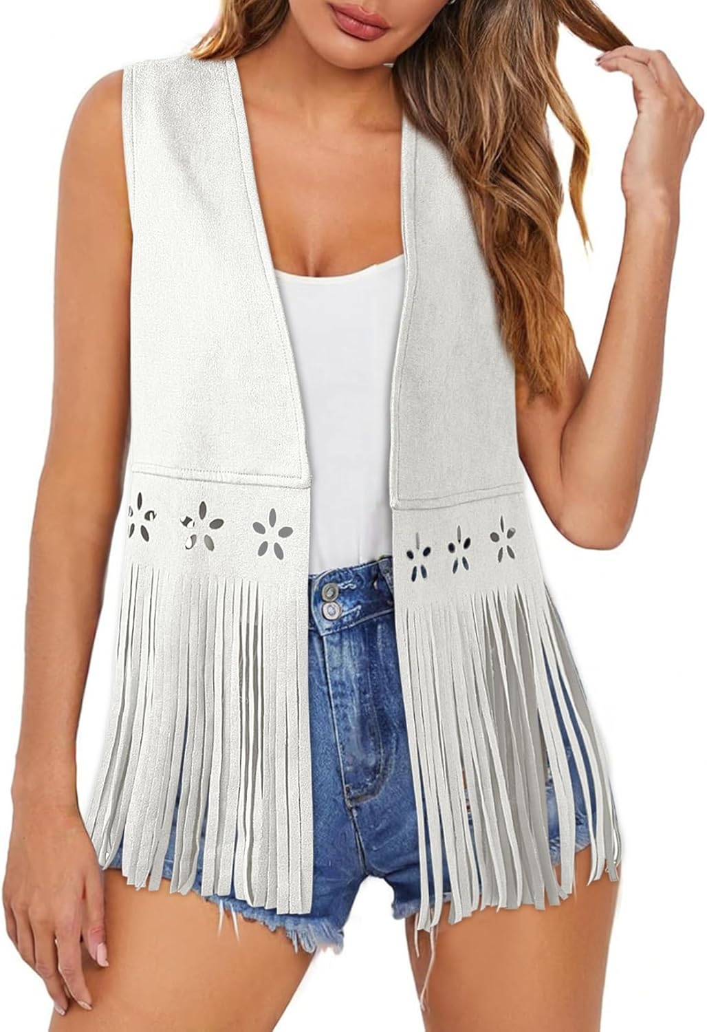 Dokotoo Womens Fringe Vest Cowgirl Western Outfits 70s Hippie Costume Sleeveless Hollow Out Faux Suede Tassel Outerwear - Image 4