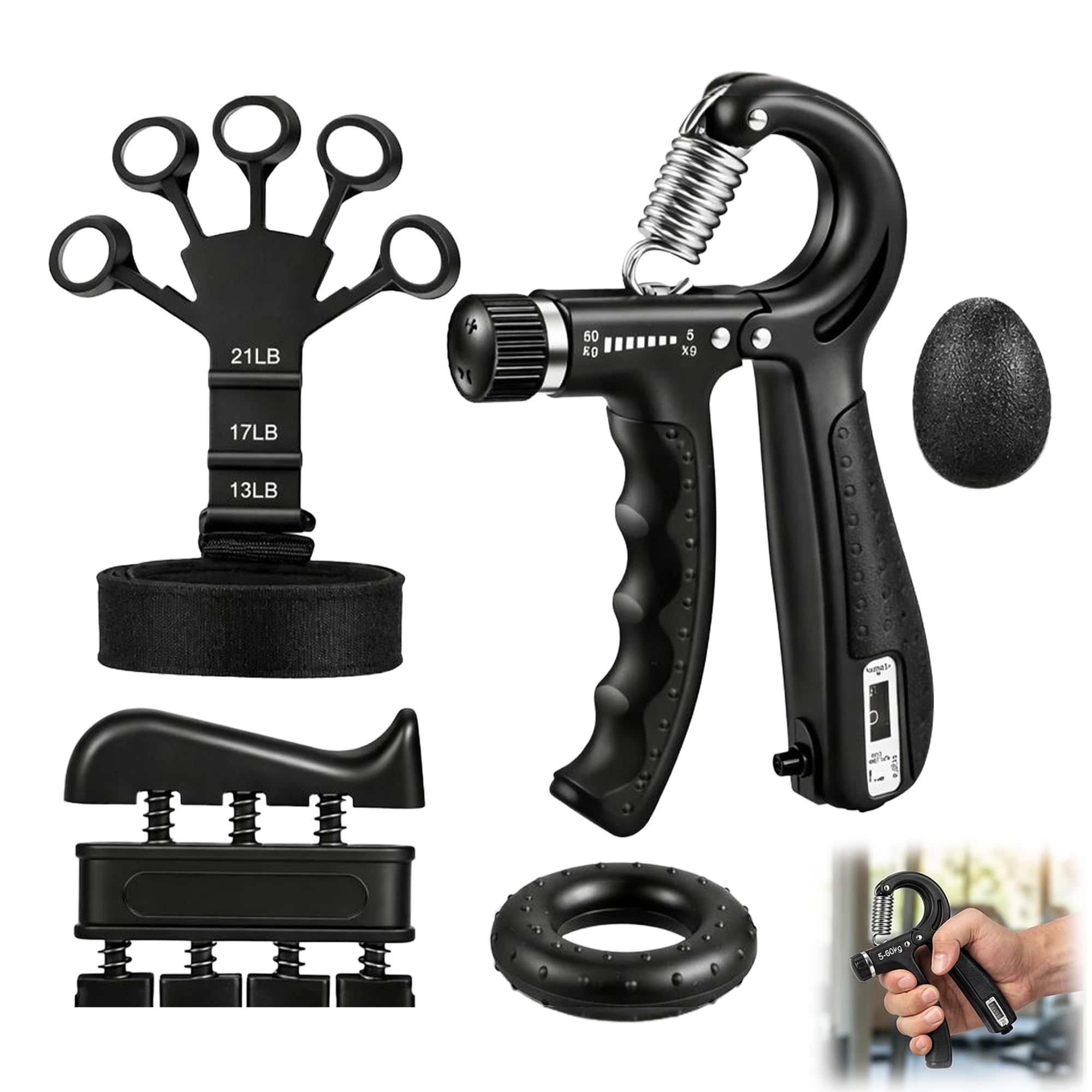 5-in-1 Hand Grip Strengthener Set, Adjustable 5-60kg Grip Trainer with Counter, Finger Stretcher & Wrist Support for Home Workouts, Strength Training & Rehabilitation – Black