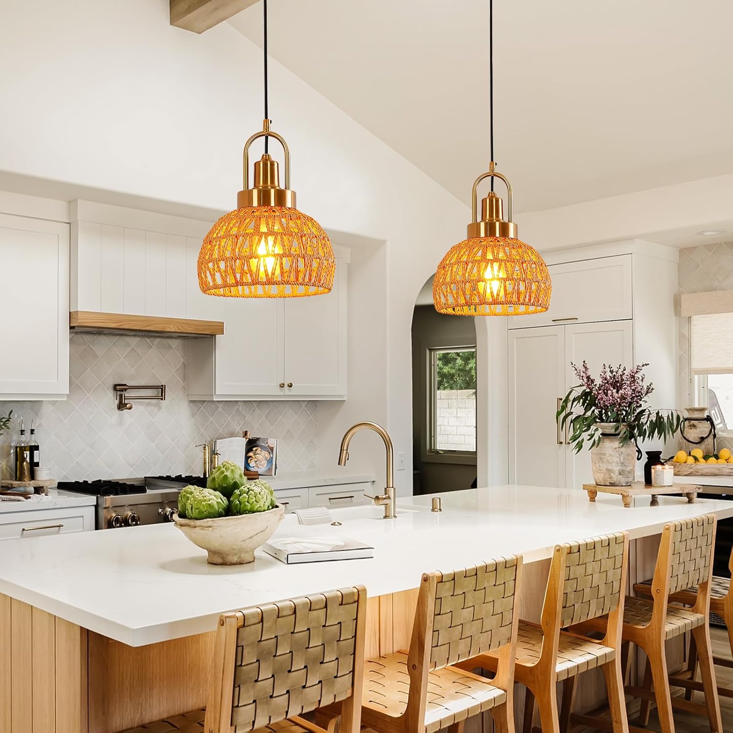 9.45" Boho Gold Rattan Pendant Light Modern Vintage Dome Farmhouse Pendant Light Fixtures Hand Woven Golden Bamboo Wicker Pendant Lights for Kitchen Island, Dining Room, Bedroom, Hallway