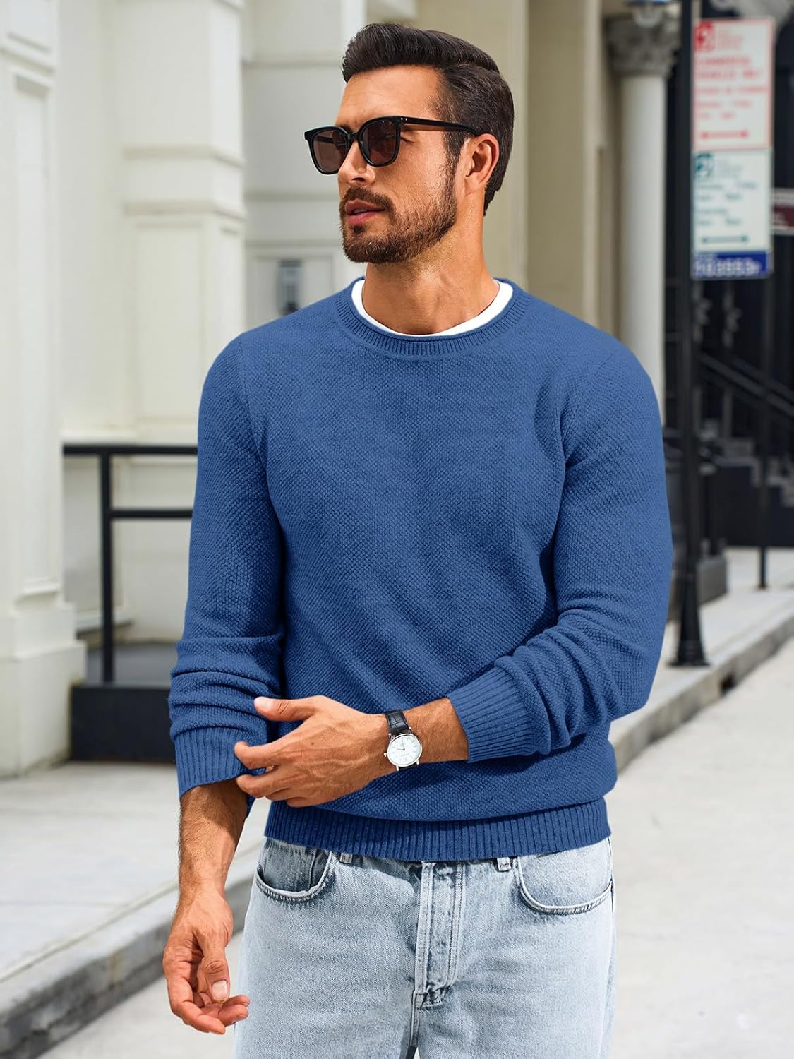 Runcati Mens Crewneck Sweater Casual Textured Knitted Thermal Pullover Sweaters - Image 3