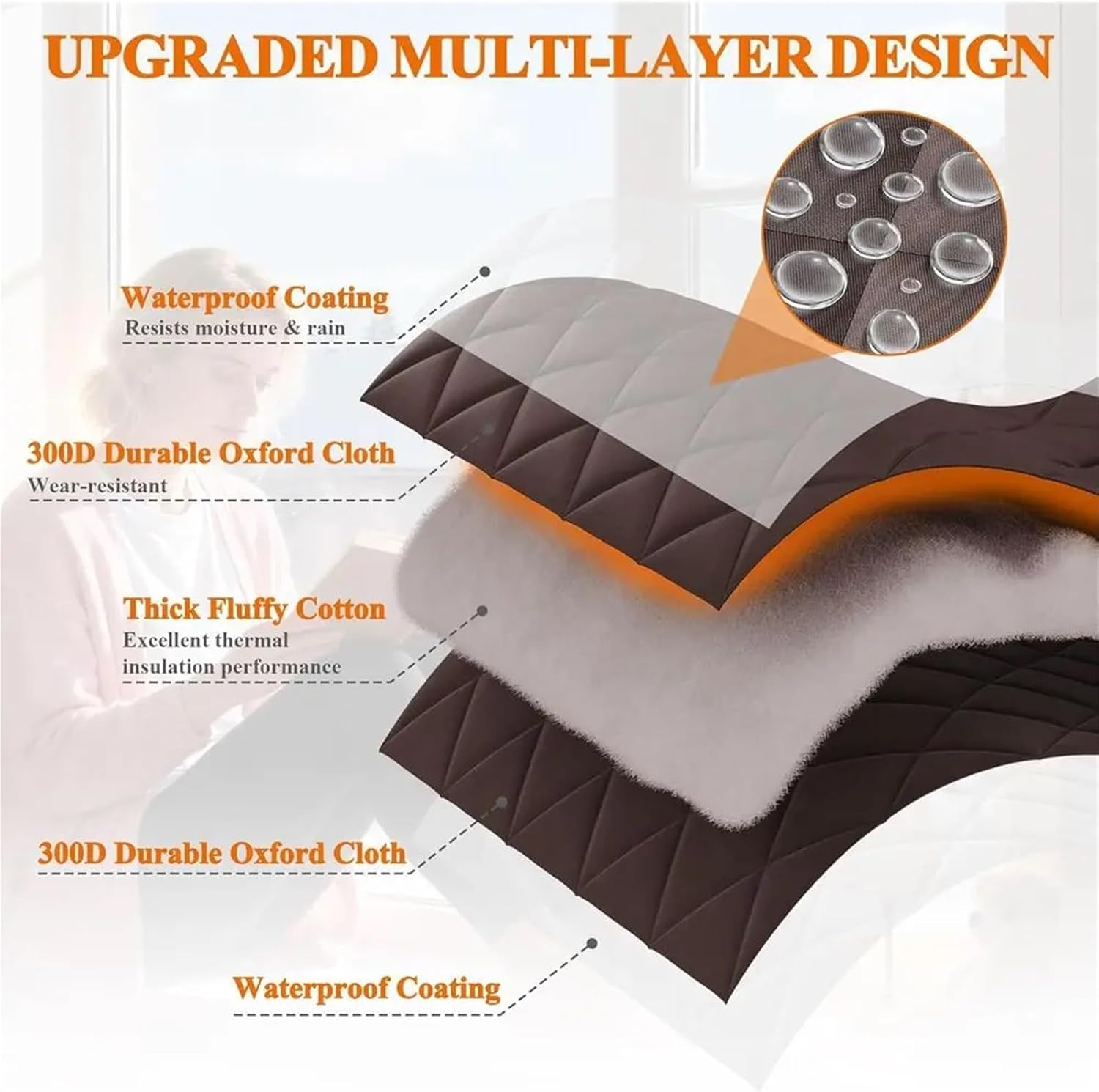 Insulated Door Draft Stopper with Window, 36x96, Oxford & Cotton Blend, Windproof, Brown