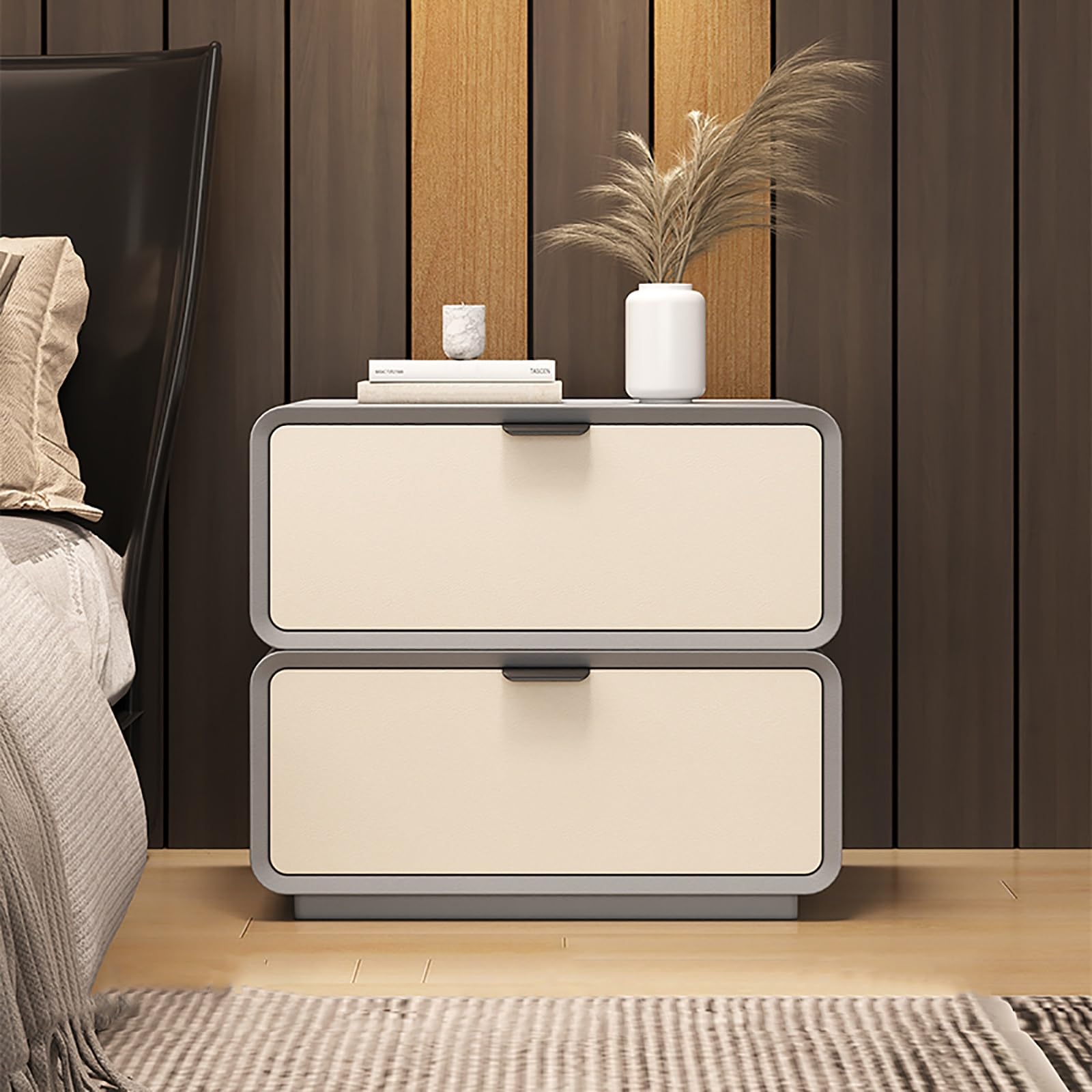 Table de chevet en bois de prestige et finition cuir blanc microfibre