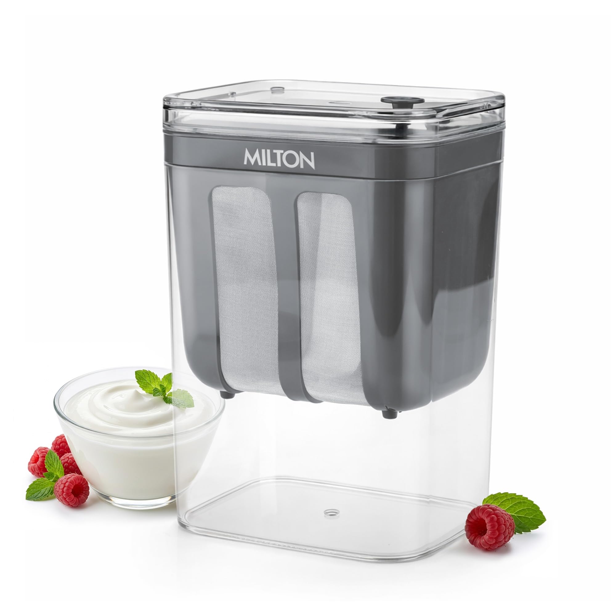 MILTON 2 in 1 Greek Yogurt & Hung Curd Maker with Fine Mesh Strainer & Lid | Whey Separator | Hung Curd Strainer Box | for Homemade Yogurt, Curd, Paneer, Cheese & More | 1100ml | Grey-image-1